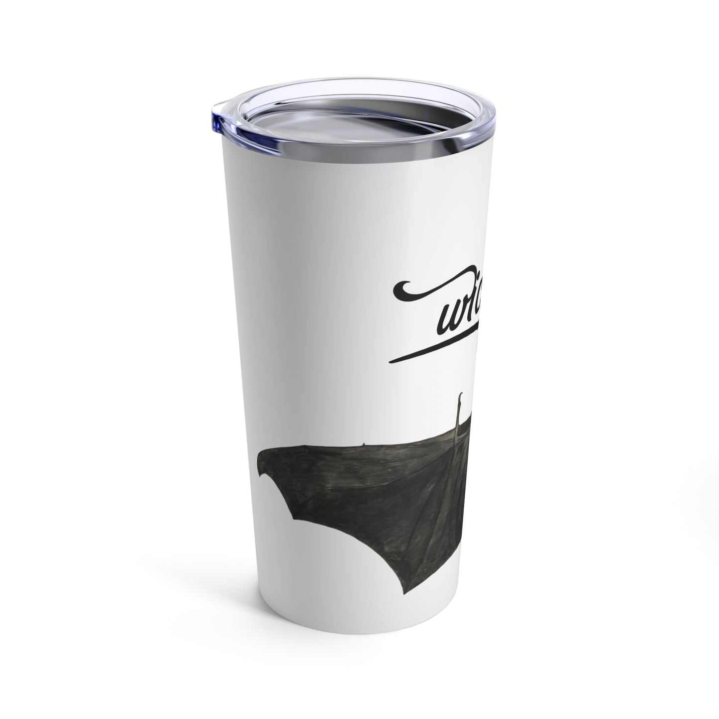 Side view of the Wicked Cute Bat 20oz Stainless Steel Tumbler, highlighting the bat design and smooth stainless steel finish