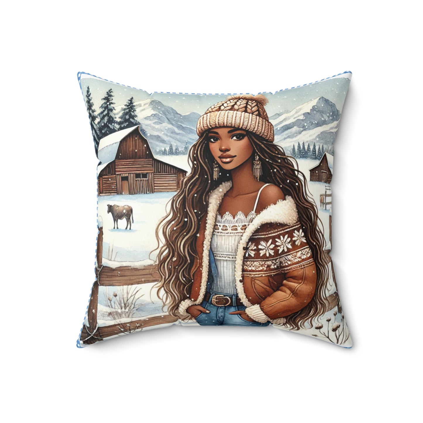 Winter Ranch Pillow, Cozy Winter Throw Pillow with Rustic Snowy Ranch Scene | Double-Sided Gingham Blue Pattern Back