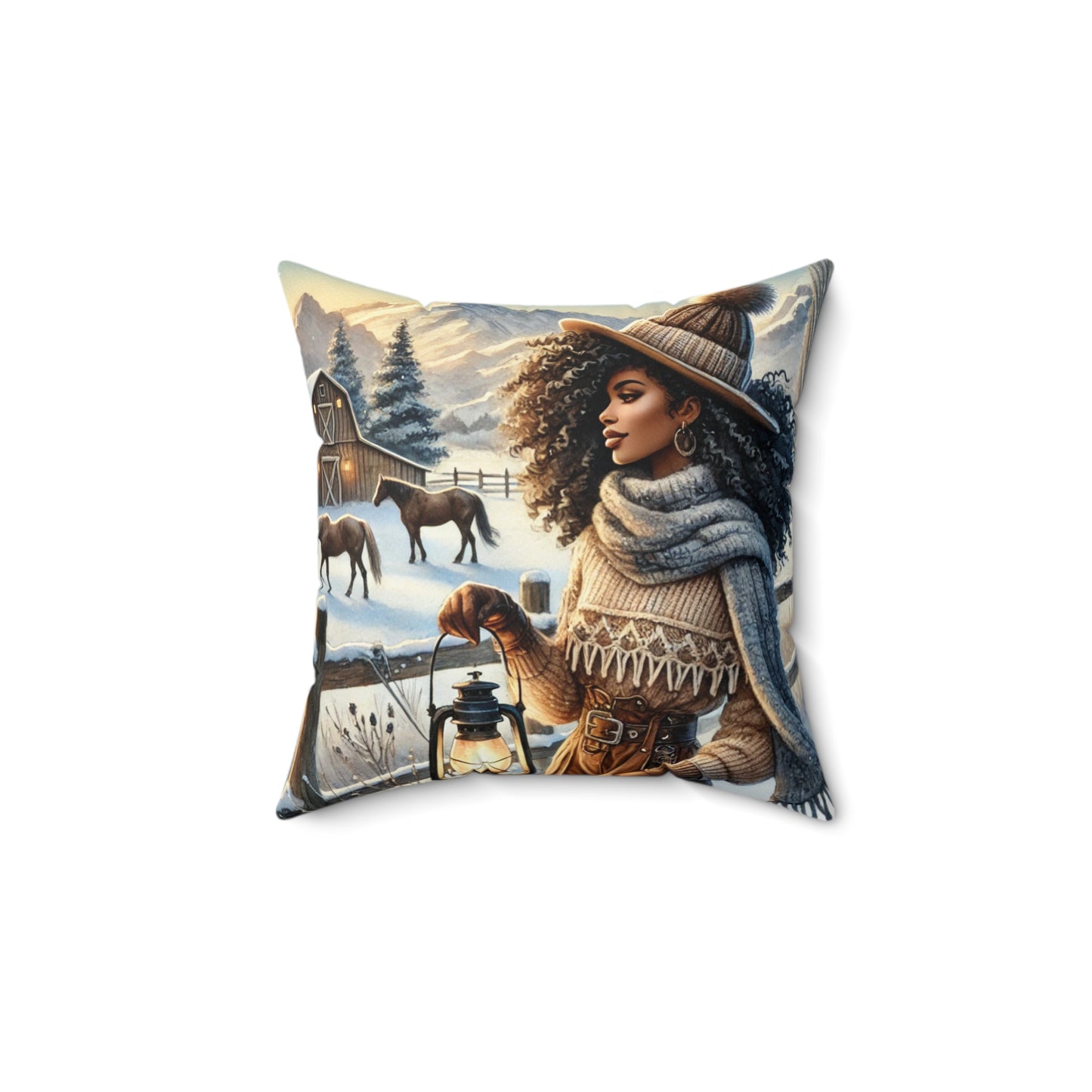 Winter Ranch Scene Throw Pillow, Cozy Home Decor with Plaid Accent Back | Perfect for Living Room or Bedroom