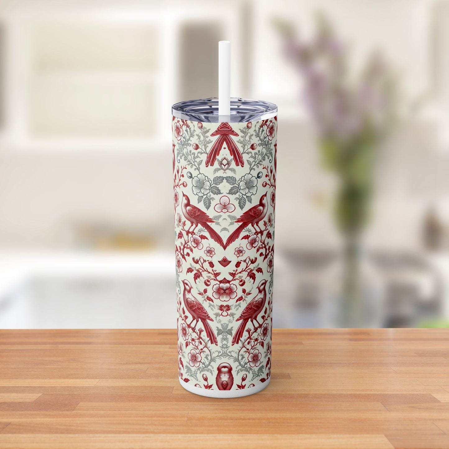 Red & White Chinoiserie Bird Tumbler – 20oz Maars Skinny Tumbler with Straw | Insulated Stainless Steel Travel Mug