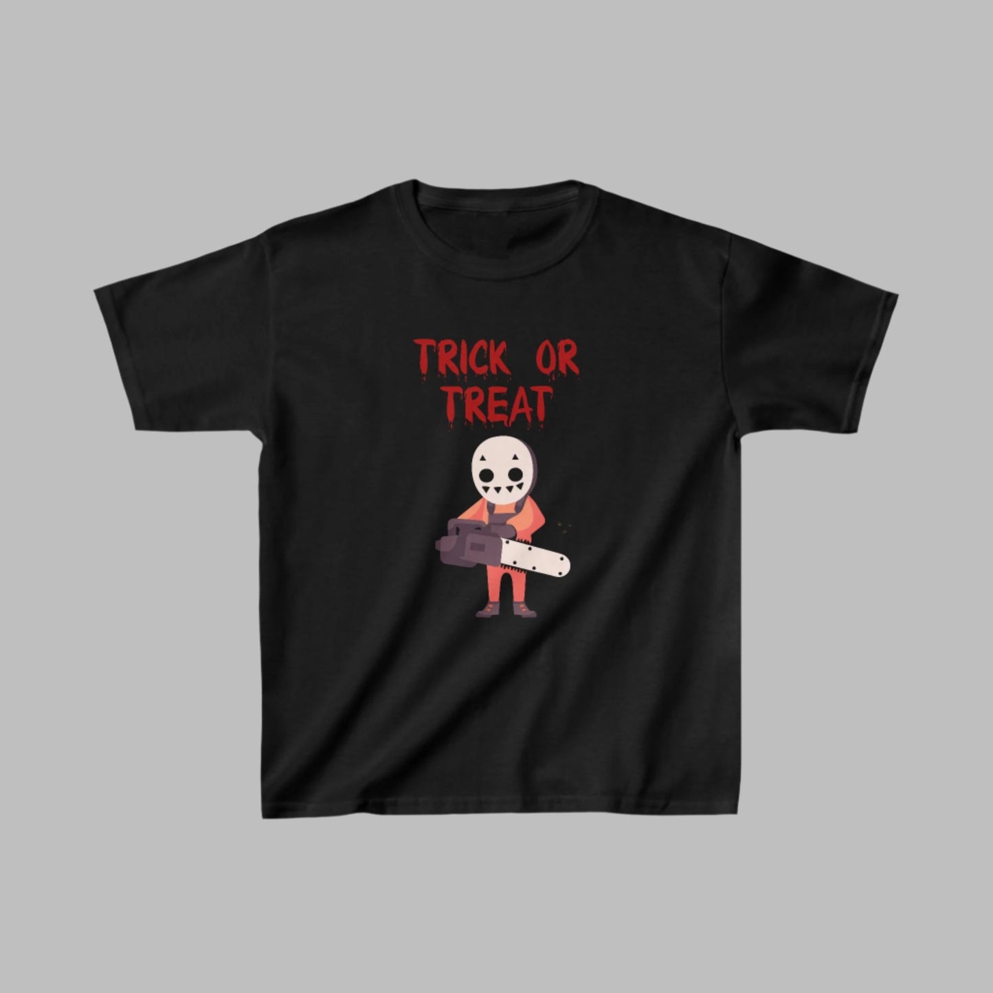 Front view of a Kids Trick or Treat Chainsaw Halloween T-Shirt in heavy cotton, featuring a spooky chainsaw design.