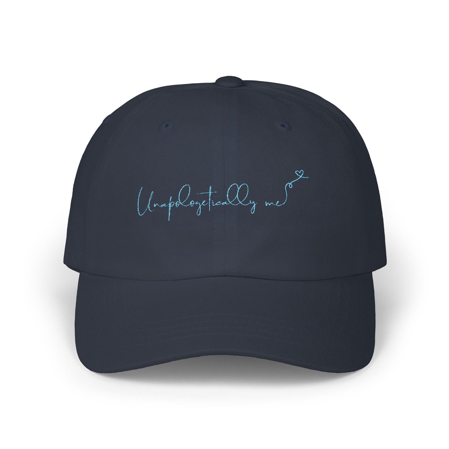 Front view of the 'Unapologetically Me' Classic Dad Hat in navy, showcasing the embroidered design on a clean, minimalist base.