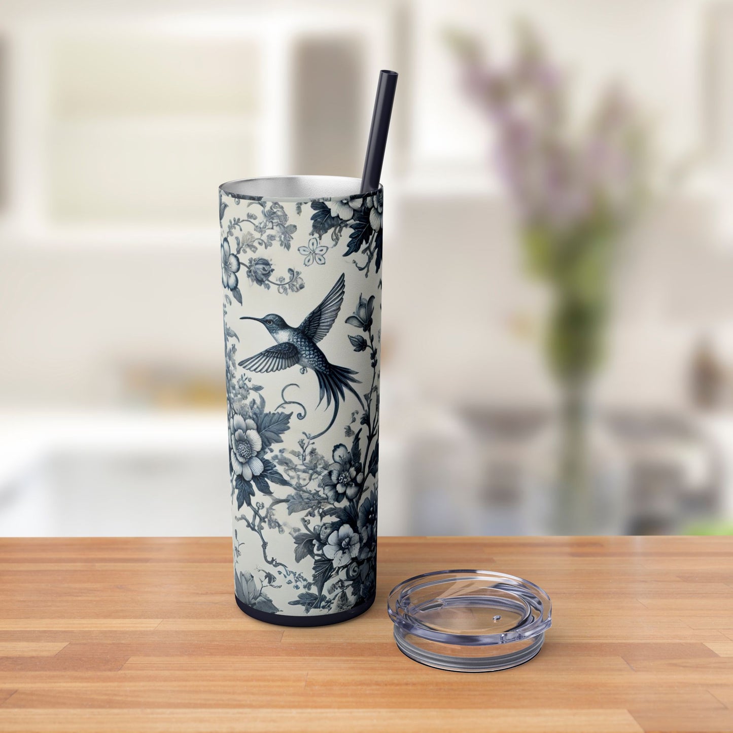 Blue & White Chinoiserie Hummingbird Tumbler | 20oz Maars Skinny Insulated Travel Mug with Lid & Straw | Elegant Floral Bird Design | Gift for Tea & Coffee Lovers