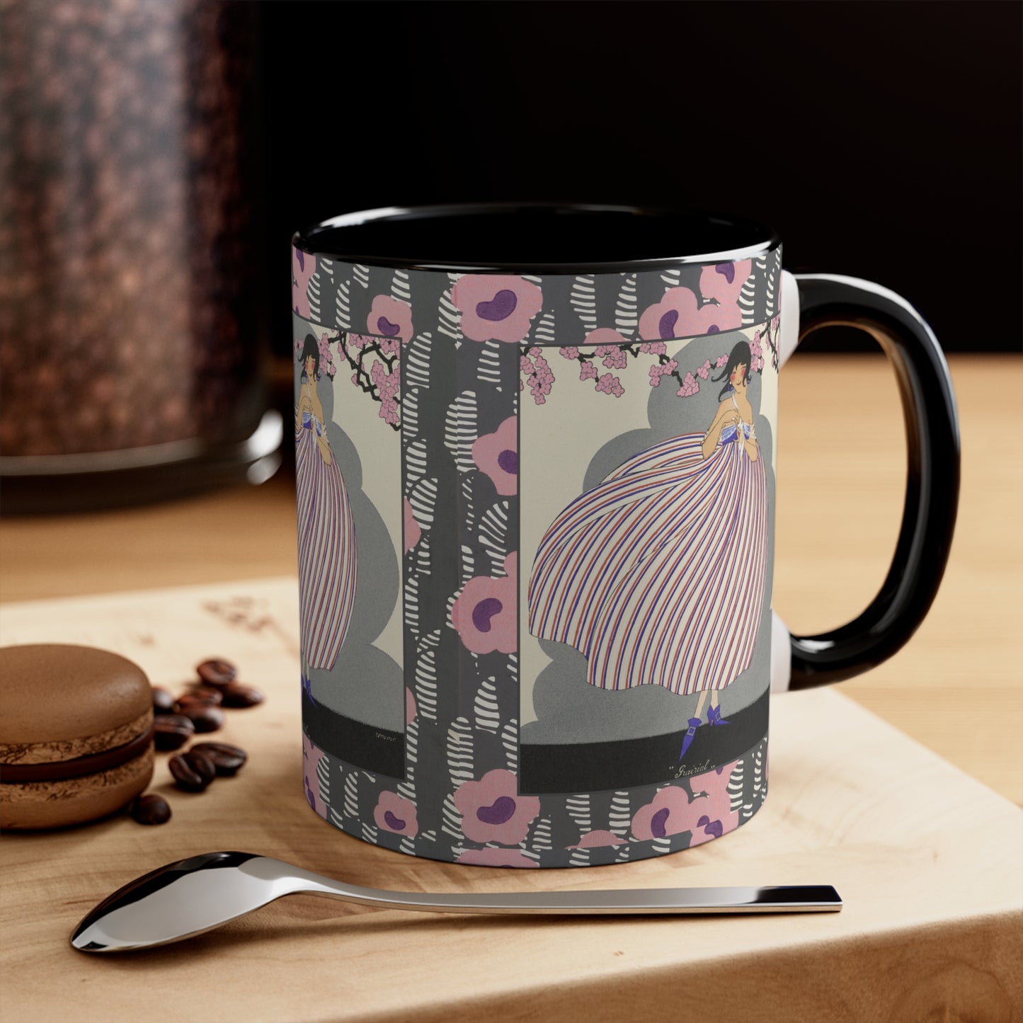 Beautiful vintage-inspired ceramic mug with modern black interior and elegant Art Deco design.