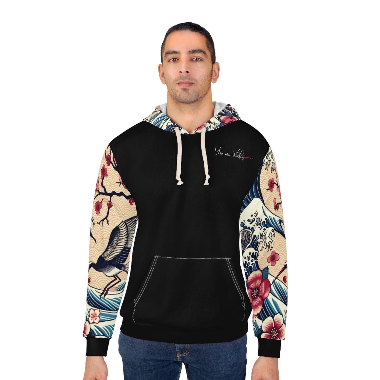 Male model showcasing the vintage Japanese floral print hoodie with 'You Are Worthy' affirmation, paired with casual pants for a modern look.
