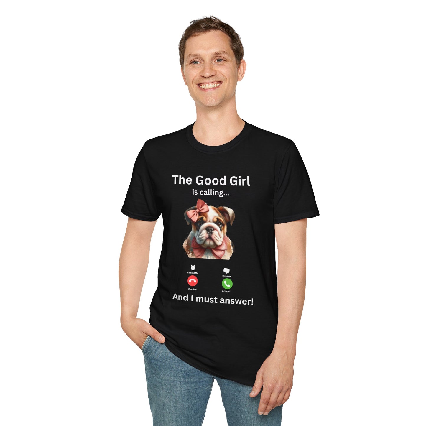 Funny pet parent T-shirt with adorable bulldog and pink bow design