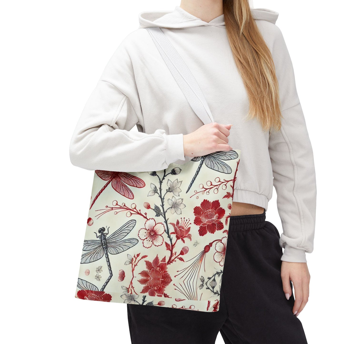 Dragonfly Floral Chinoiserie Tote Bag | Elegant Red & Black Insect Print Bag | Eco-Friendly Polyester Tote | Nature-Inspired Gift