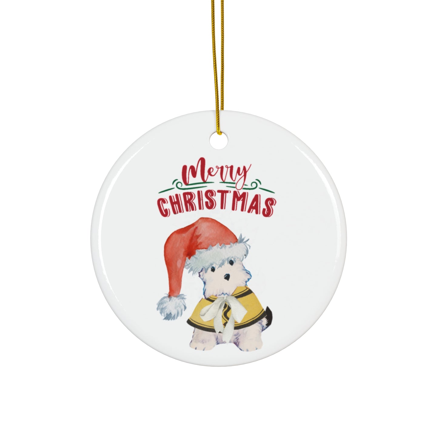 Round ceramic Christmas ornament featuring an adorable puppy named Bitsy wearing a Santa hat and a yellow coat, with the text 'Merry Christmas' in festive red and green font. The ornament is hung by a gold string.