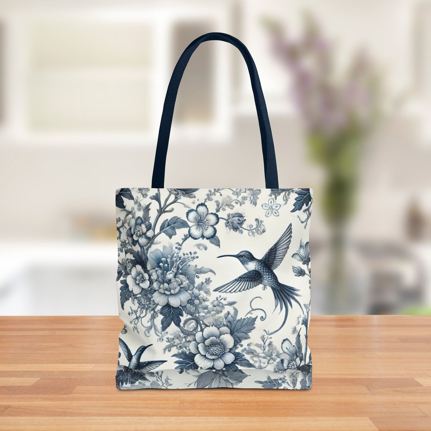 Chinoiserie Hummingbird Tote Bag – Blue & White Vintage Floral Bird Design | Durable Polyester Canvas | White or Navy Straps