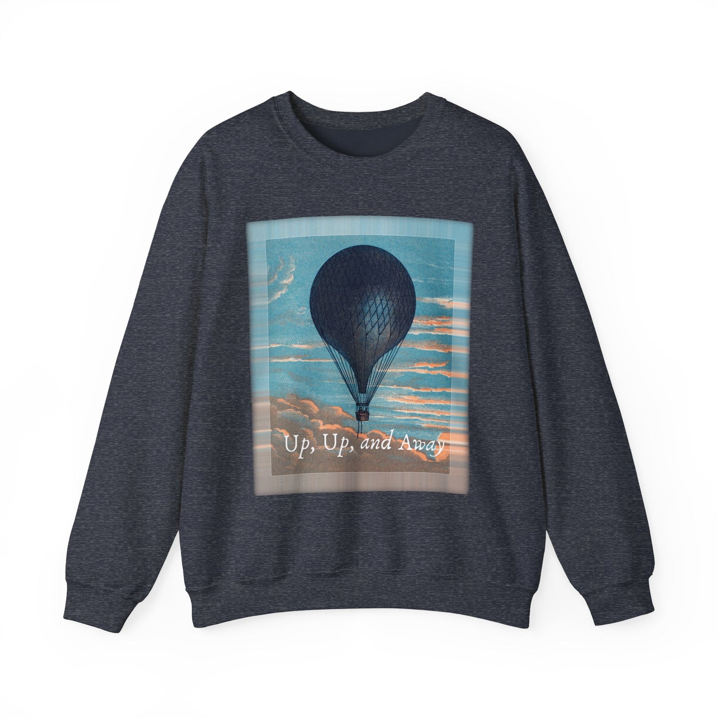 Front view of the "Up, Up, and Away" sweatshirt in grey, featuring hot air balloon design
