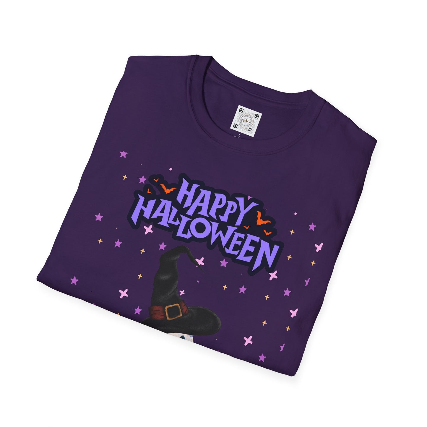 Close-up view of the neckline of the Happy Halloween Bitsy T-Shirt, highlighting the soft fabric and quality stitching.