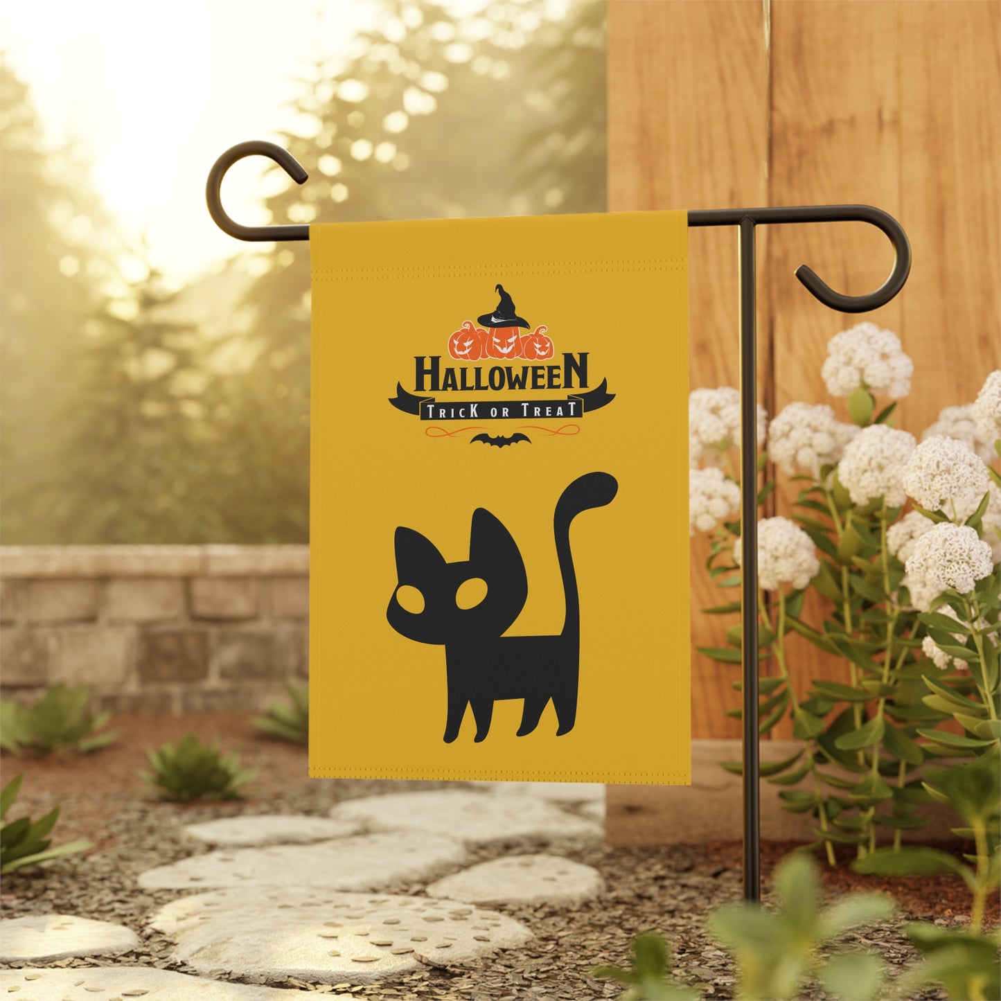 Halloween Trick or Treat Black Cat Garden Flag | 100% Poly Poplin-Canvas
