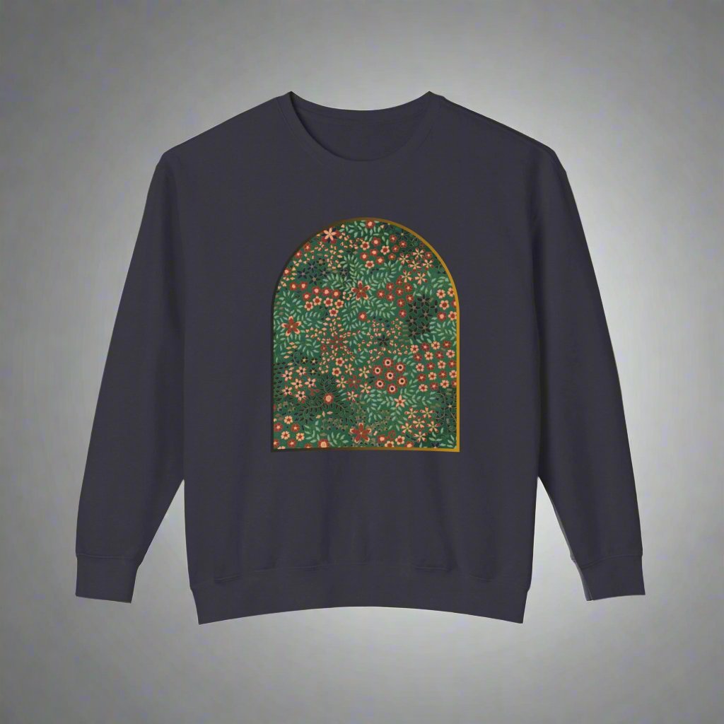 Unisex crewneck sweatshirt featuring a vibrant floral garden design with lush botanical patterns.