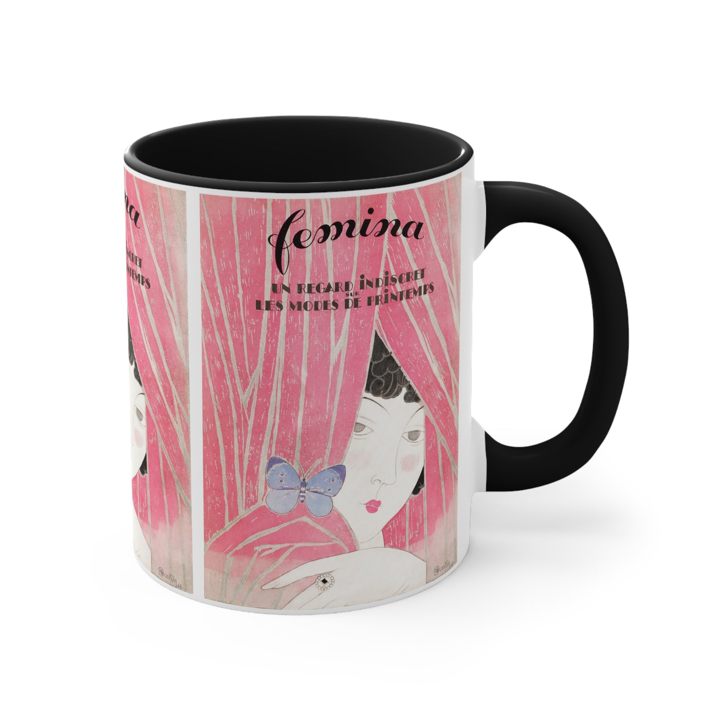 Side view of the Femina Art Nouveau mug, displaying the repeated vintage French illustration.