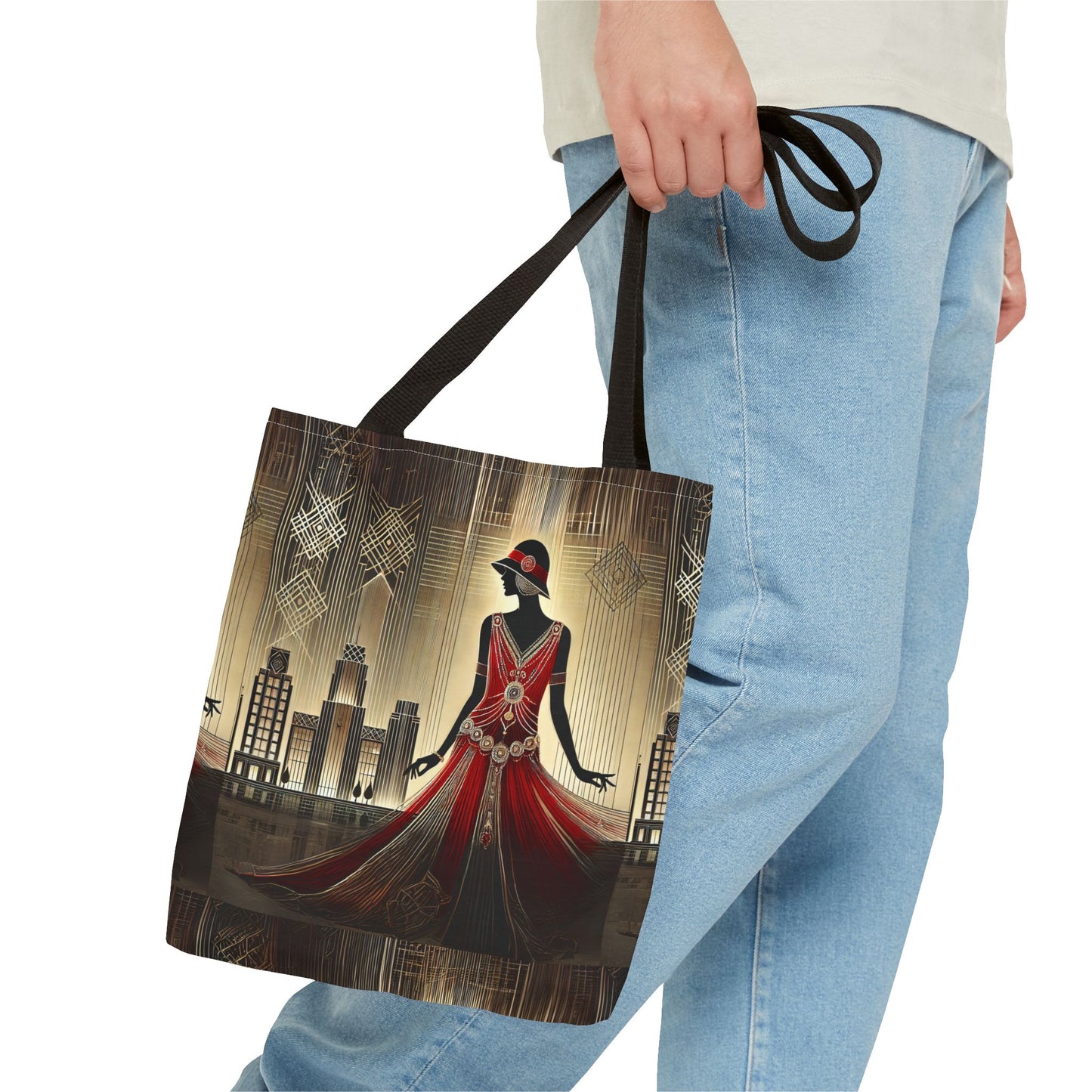 Close-up of the Art Deco tote bag showcasing the intricate geometric gold patterns and vibrant colors.