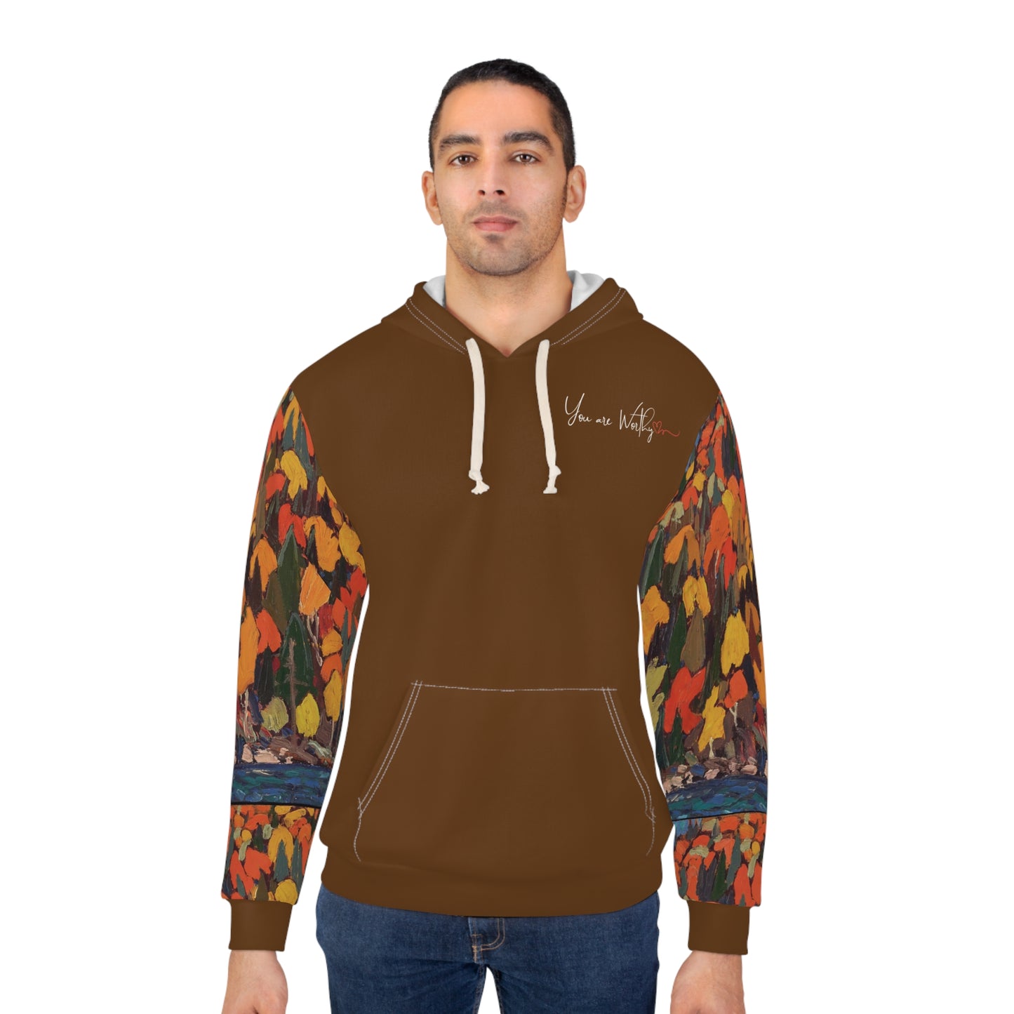 Man modeling the autumn foliage hoodie, displaying the motivational back design with inspiring message and art.