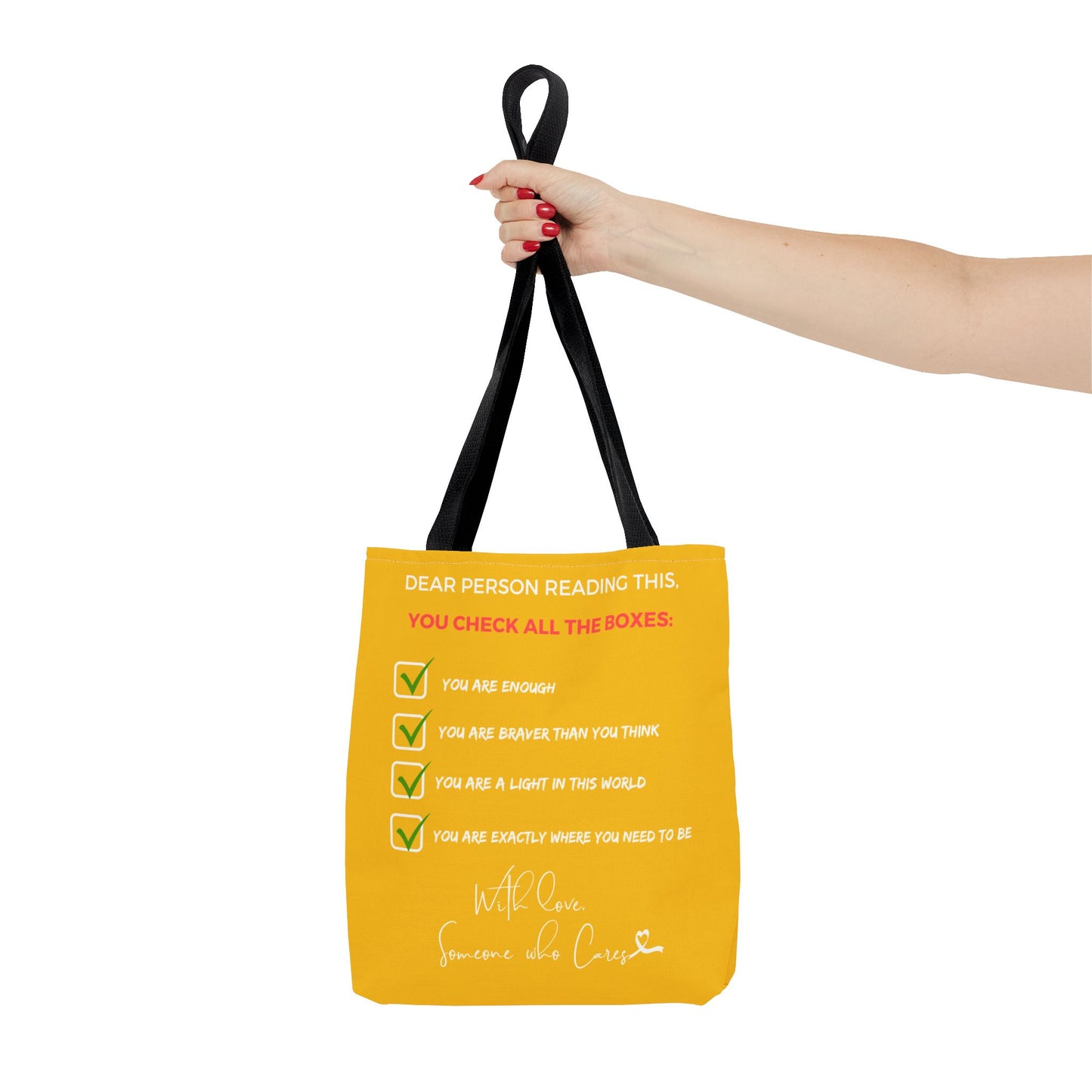 Reversible "Dear Person Reading This" & "Happy Vibes" Motivational Tote Bag | Yellow