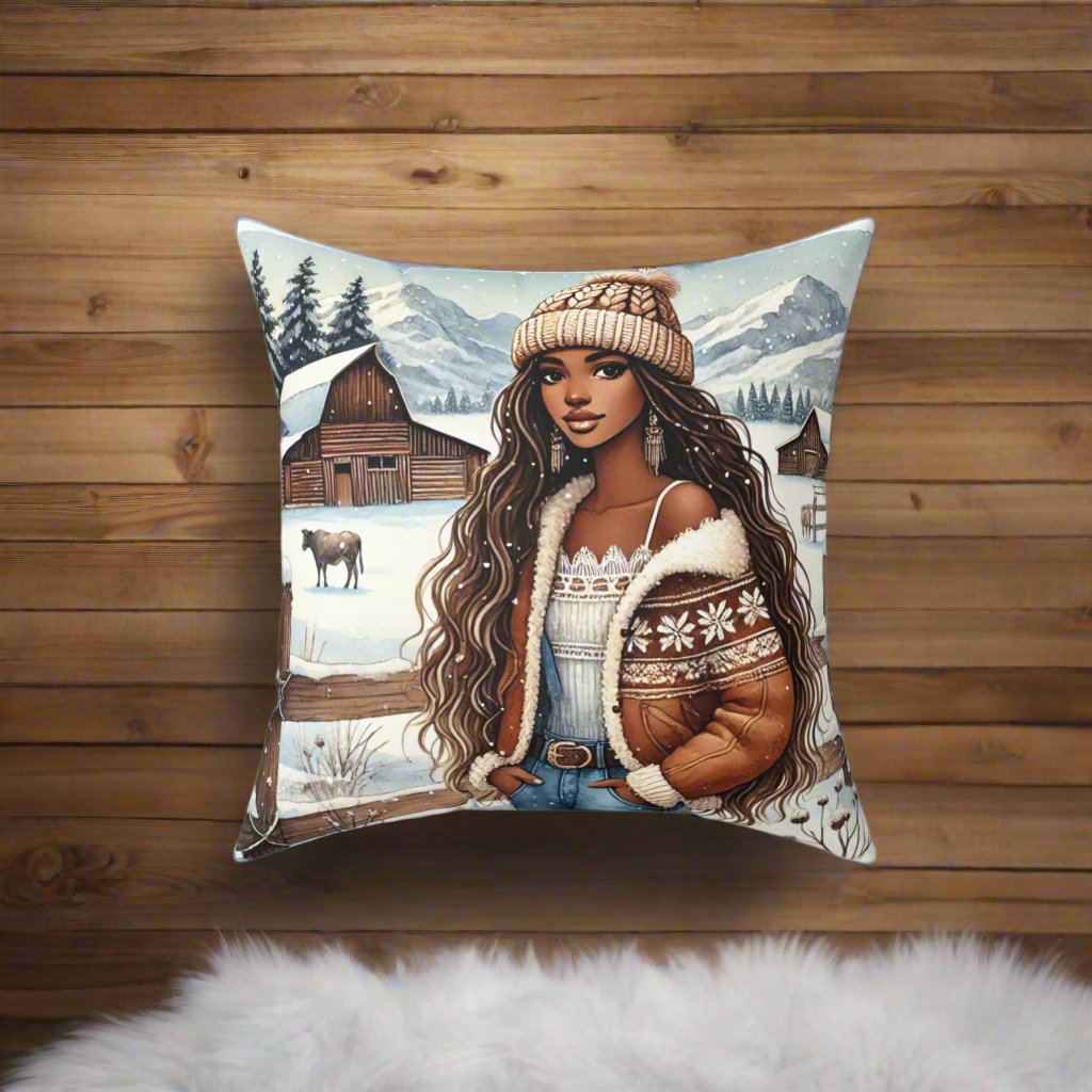 Winter Ranch Pillow, Cozy Winter Throw Pillow with Rustic Snowy Ranch Scene | Double-Sided Gingham Blue Pattern Back