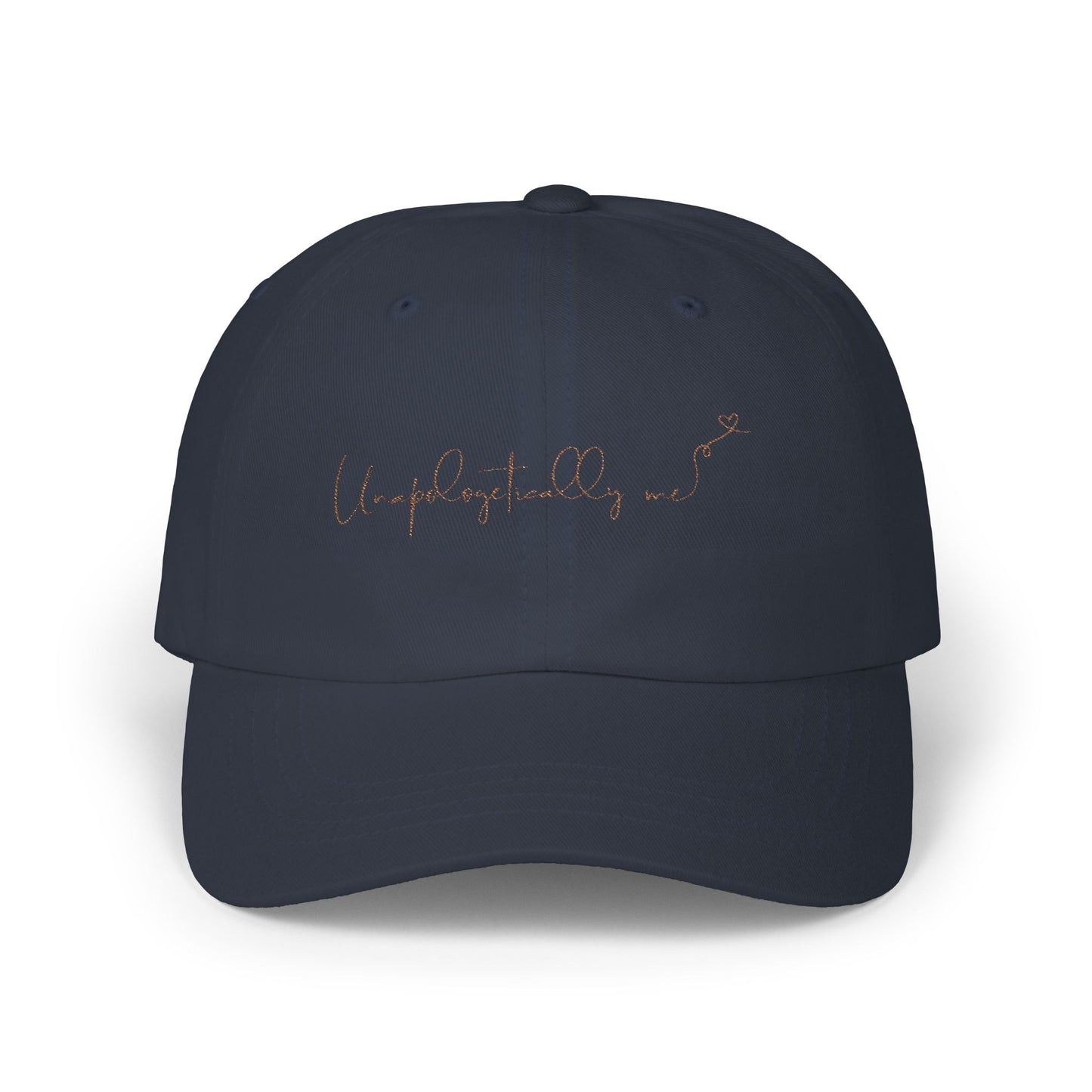 Front view of the 'Unapologetically Me' Classic Dad Hat in navy, showcasing the embroidered design on a clean, minimalist base.