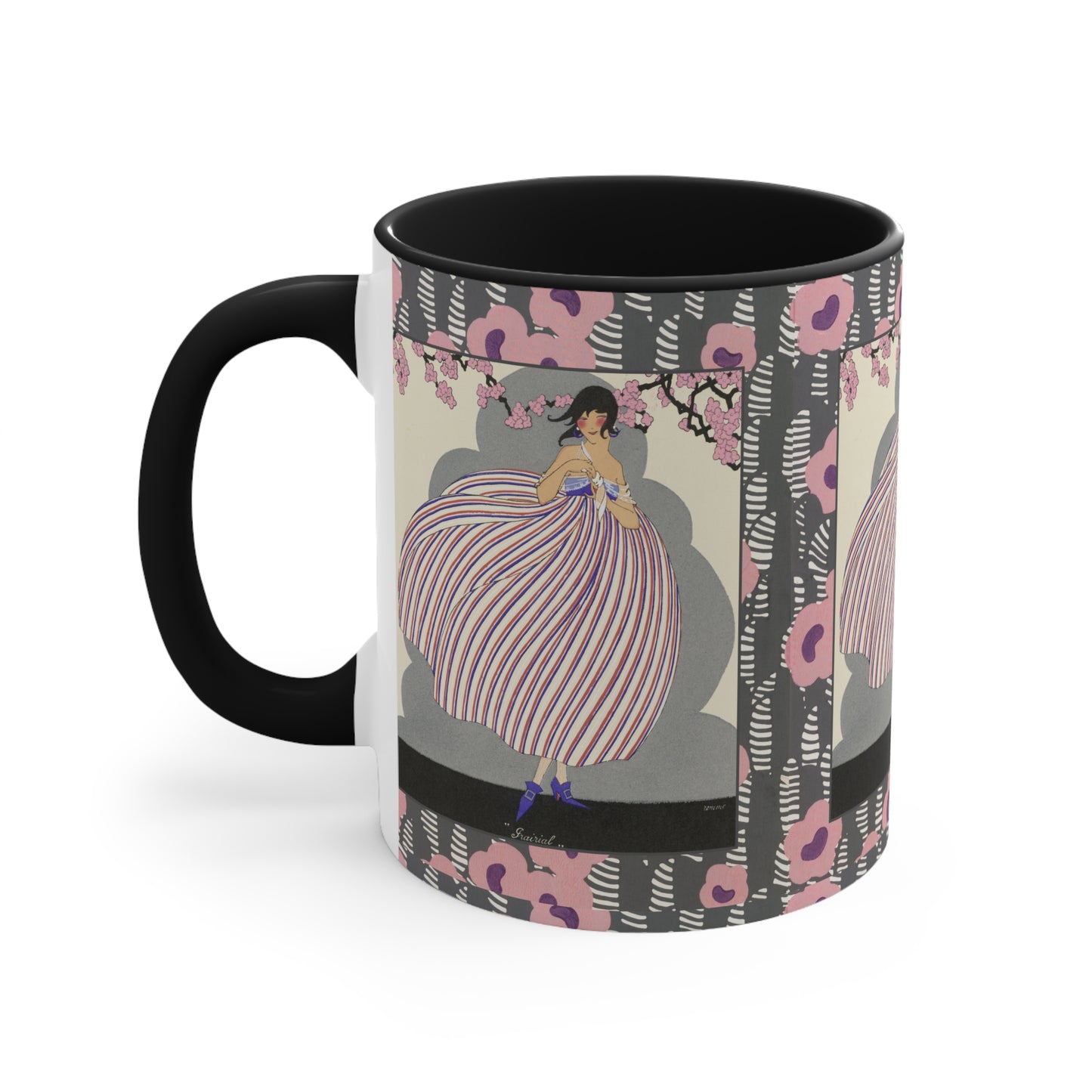 Side view of the Art Deco floral mug, showcasing a striking French-inspired illustration with bold pastel tones.