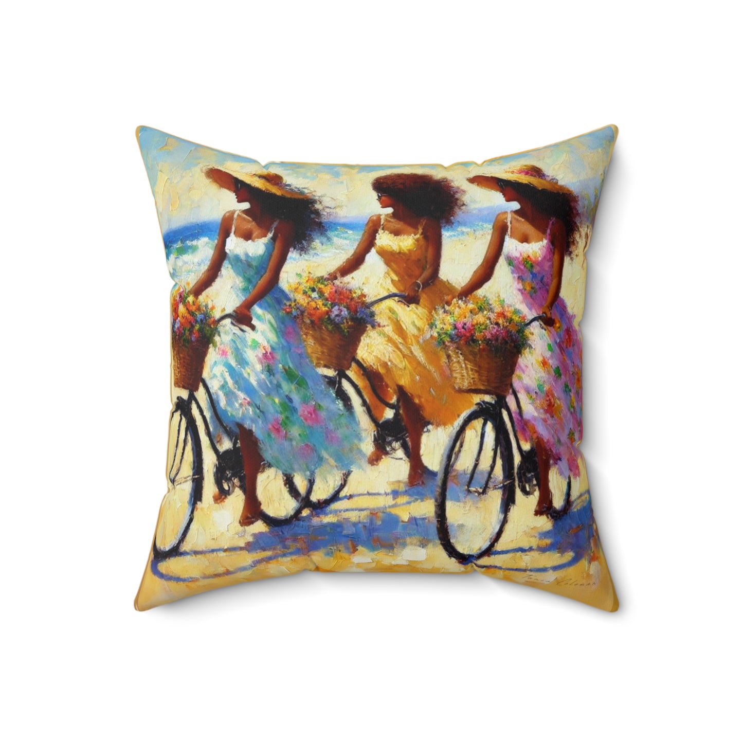 Bright, joyful pillow styled in a modern living room setting