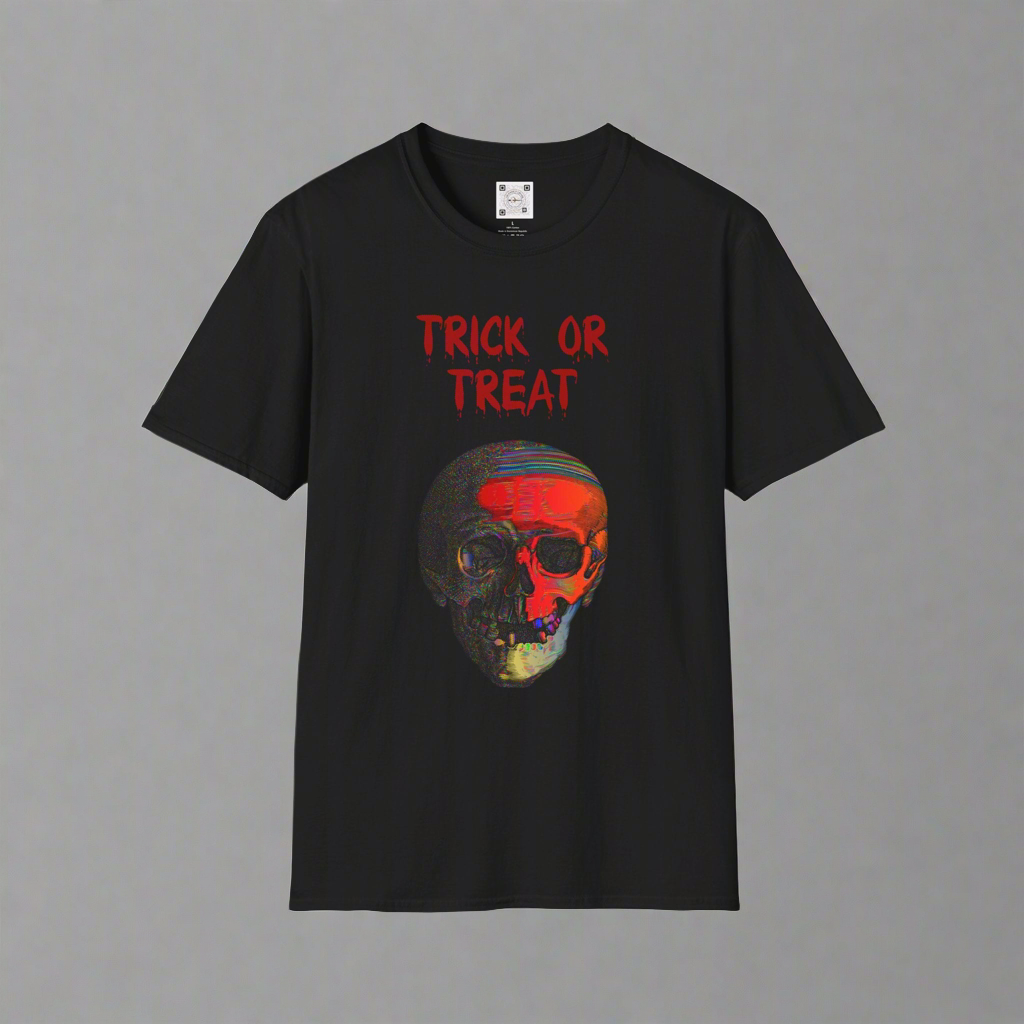 Front view of an adult Trick or Treat Skull Halloween T-Shirt featuring a spooky skull design, perfect for Halloween.