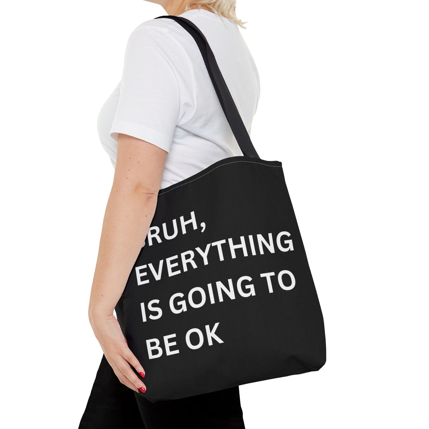 Close-up of a person carrying the minimalist tote bag, highlighting the motivational message in a clean and simple style.
