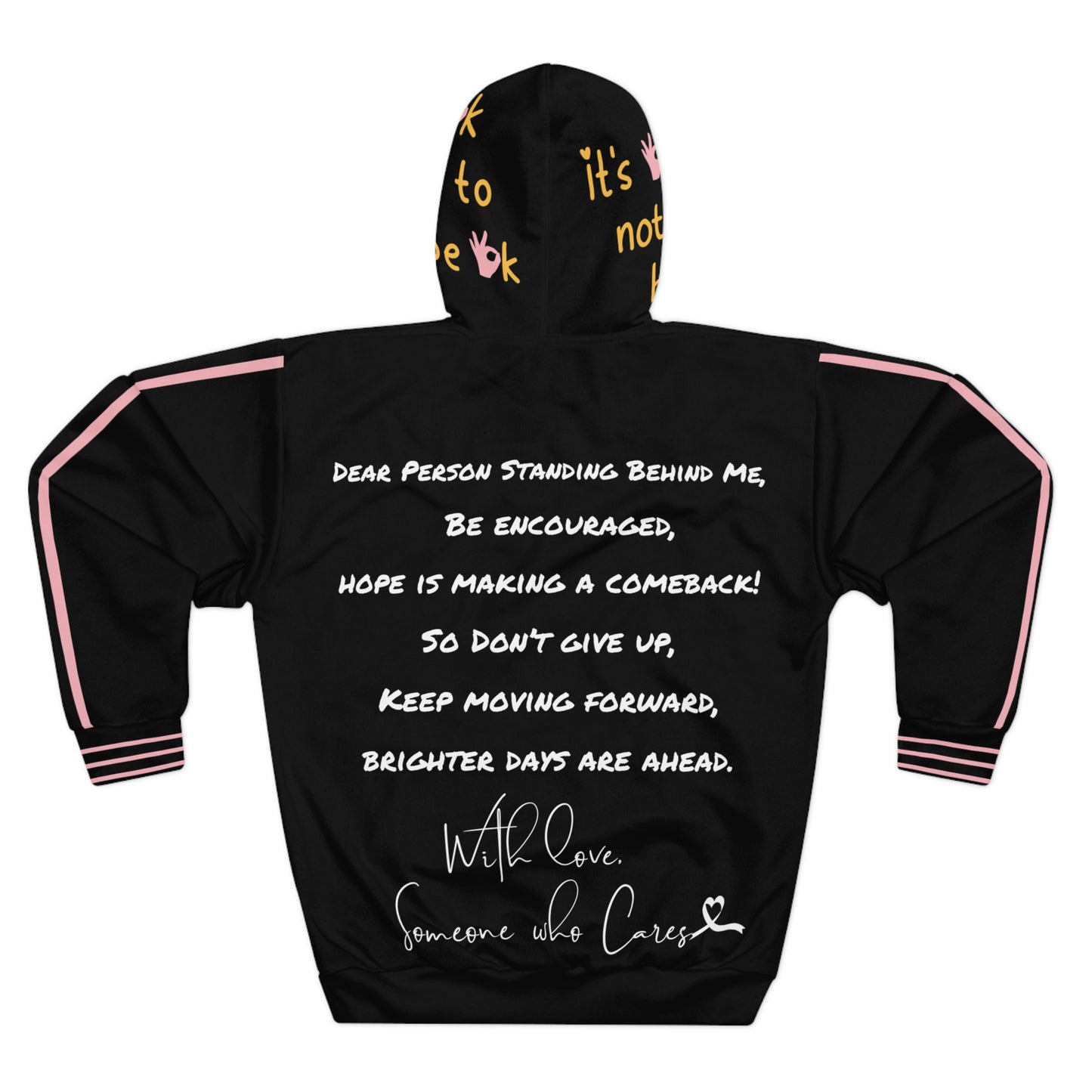 Back view of 'It’s OK Not To Be OK' hoodie in black, showcasing encouraging text message.