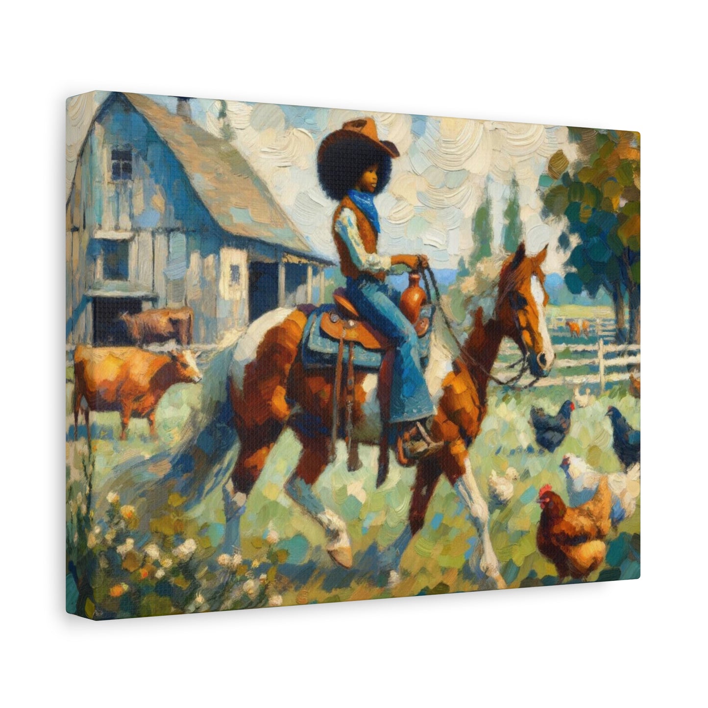 Rustic Farmhouse Wall Art | Cowgirl on Horse Stretched Canvas | Country Barnyard Decor