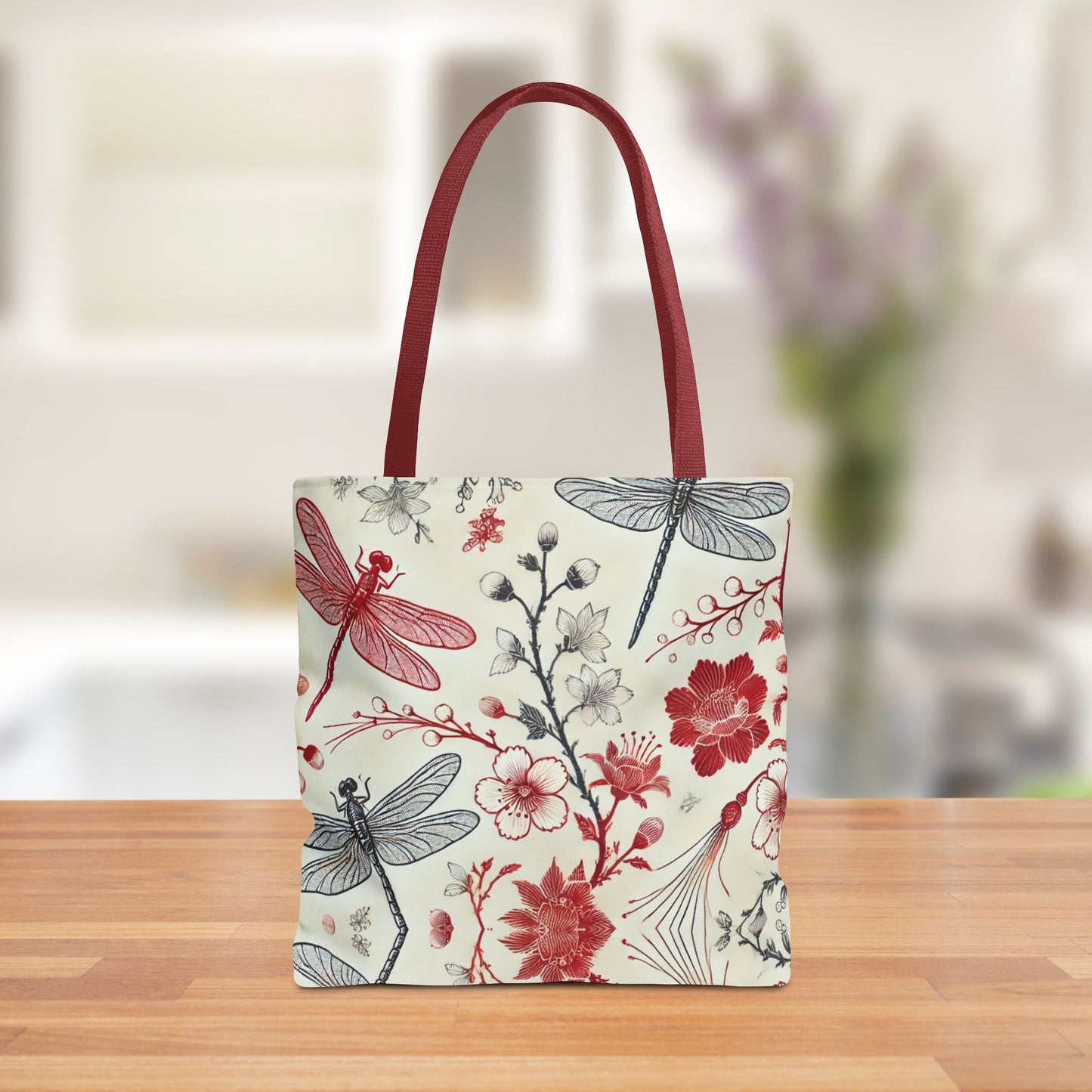 Dragonfly Floral Chinoiserie Tote Bag | Elegant Red & Black Insect Print Bag | Eco-Friendly Polyester Tote | Nature-Inspired Gift