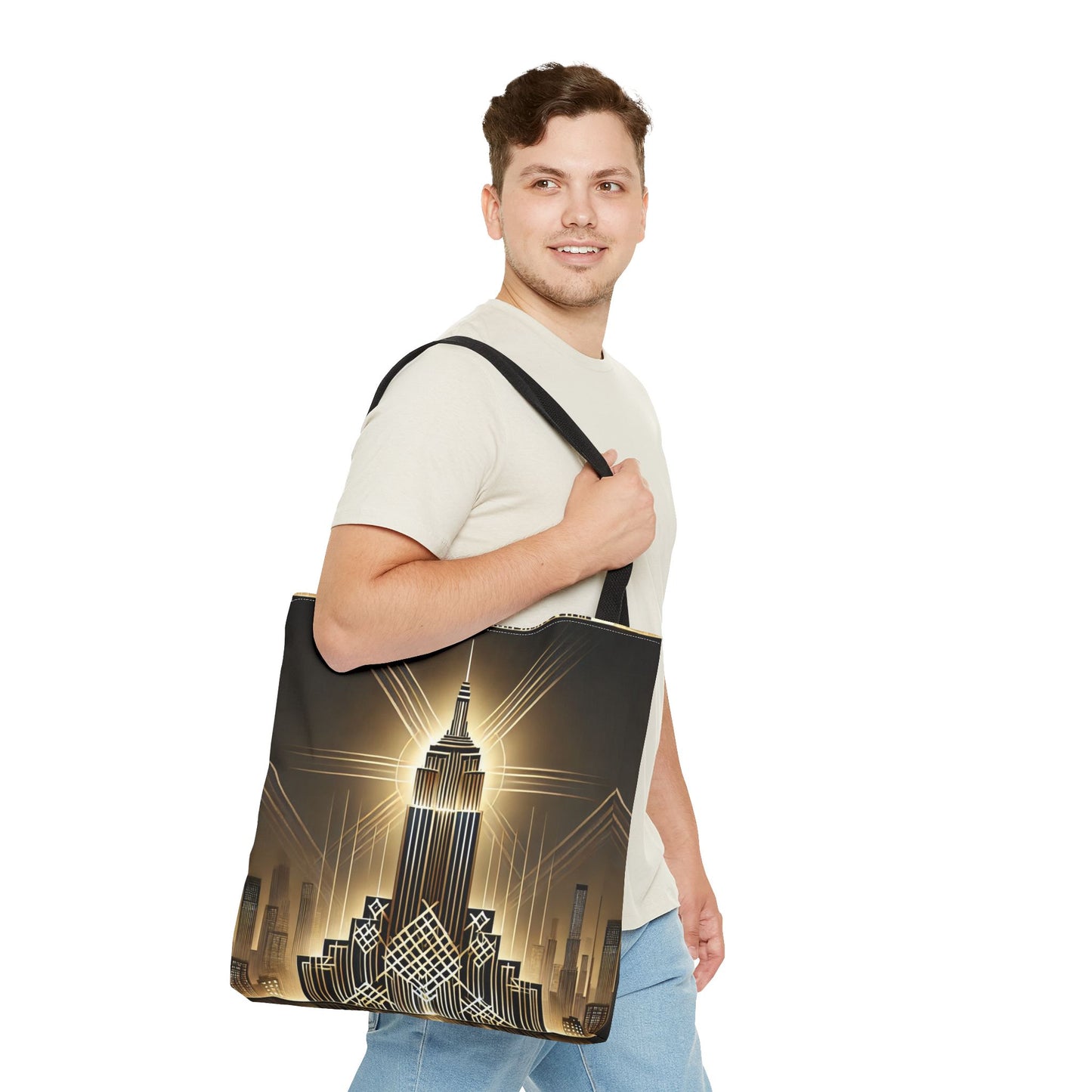 Stylish tote bag with a golden Art Deco skyline design being carried outdoors by a fashionable person, showcasing its versatile and chic aesthetic.