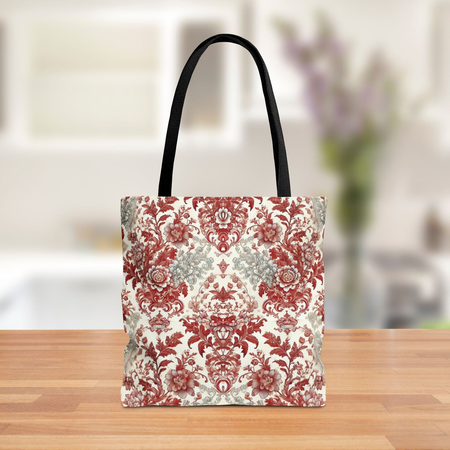 Luxury Red & Gray Chinoiserie Tote Bag – Elegant Floral Baroque Design | Black or White Handles | Stylish Everyday Carryall