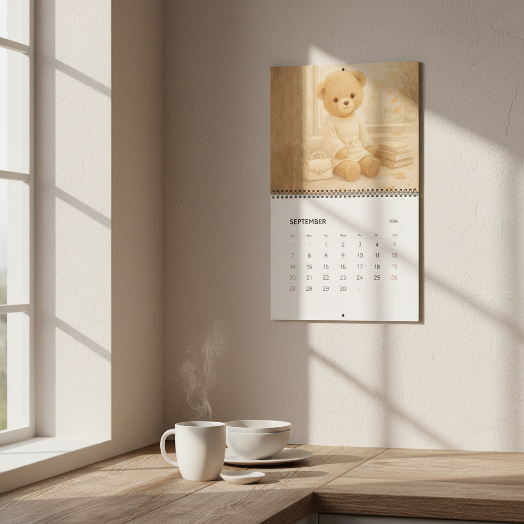 Wall calendar with teddy bear design on a wall next to a window with a cup and saucer on a table.