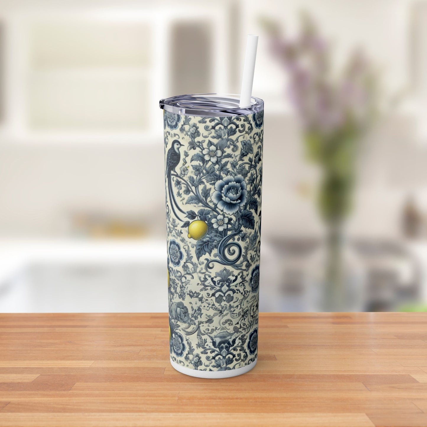 Blue Chinoiserie Lemon Tumbler | 20oz Insulated Travel Cup | Vintage Botanical Birds & Lemons | Includes Straw & Lid