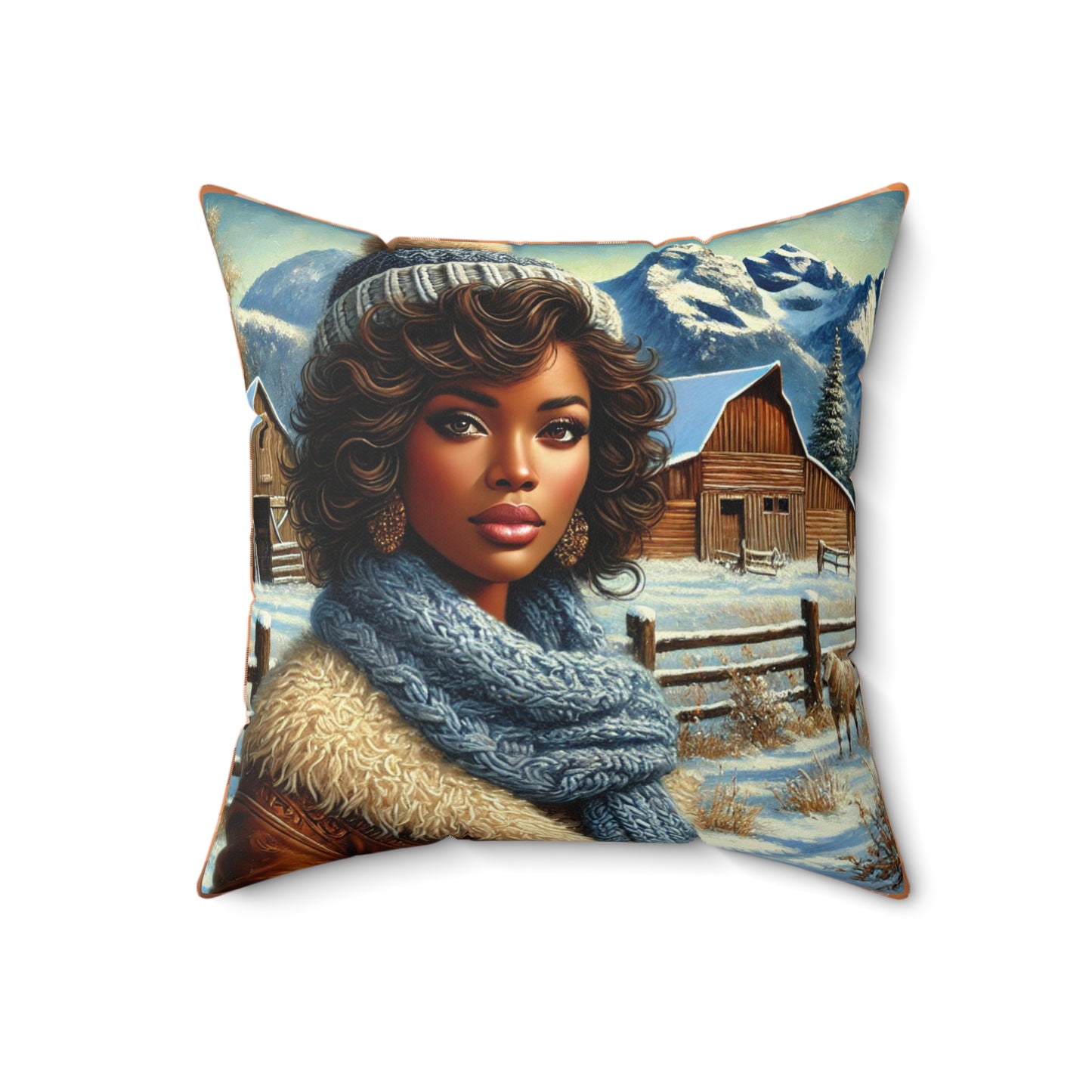 Front view of a winter-themed accent pillow featuring a cowgirl in a snowy ranch scene.