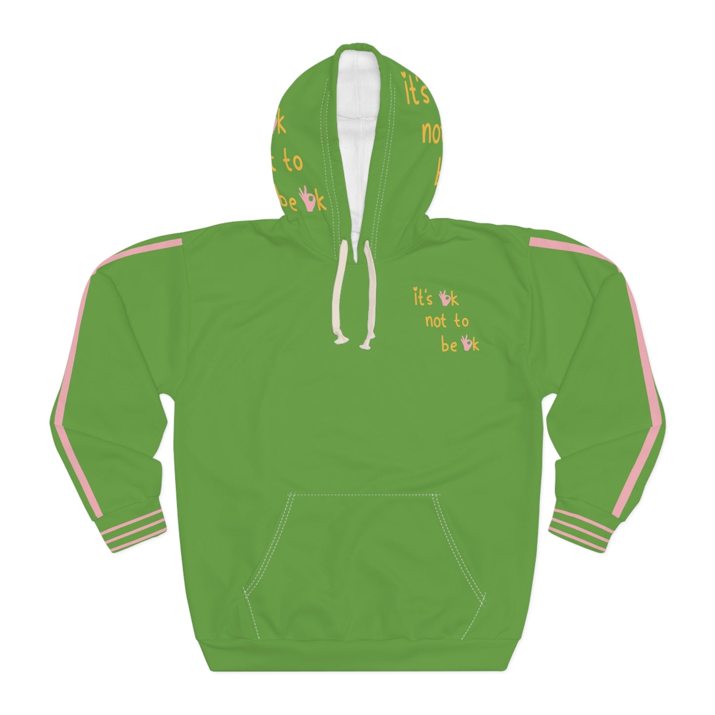 Front view of 'It’s OK Not To Be OK' hoodie in Green, displaying motivational message on the front.
