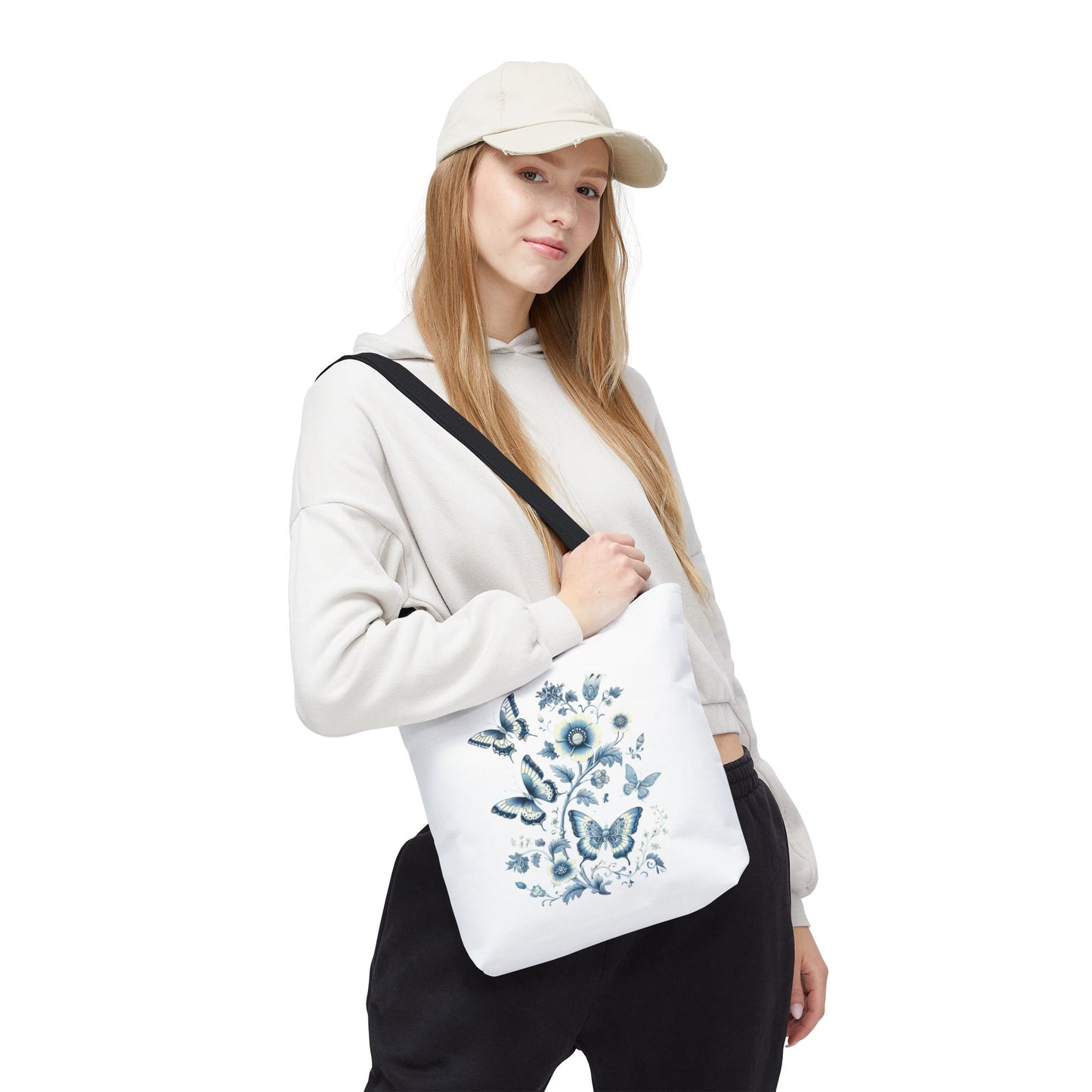 Chinoiserie Butterfly Tote Bag – Elegant Blue & White Floral Tote | Soft Polyester Shopping Bag | Aesthetic Everyday Carry-All