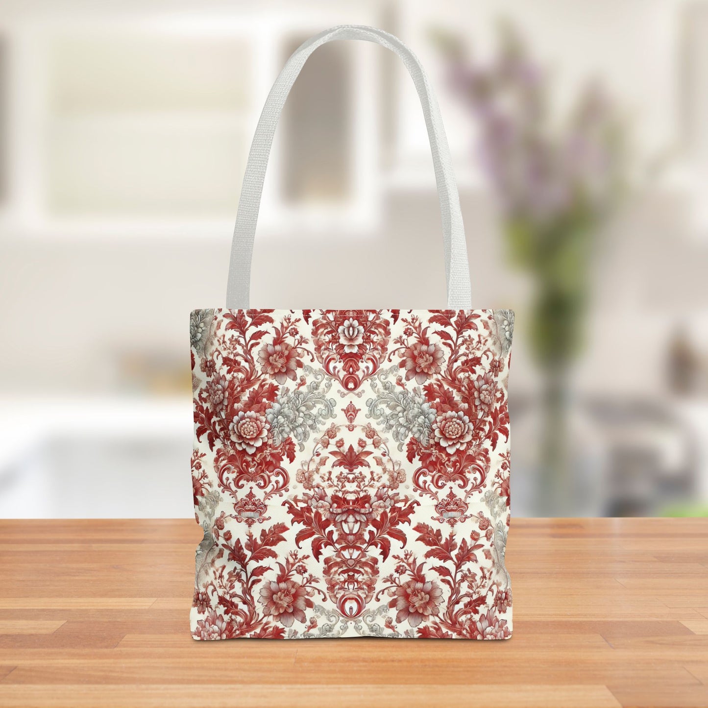 Luxury Red & Gray Chinoiserie Tote Bag – Elegant Floral Baroque Design | Black or White Handles | Stylish Everyday Carryall
