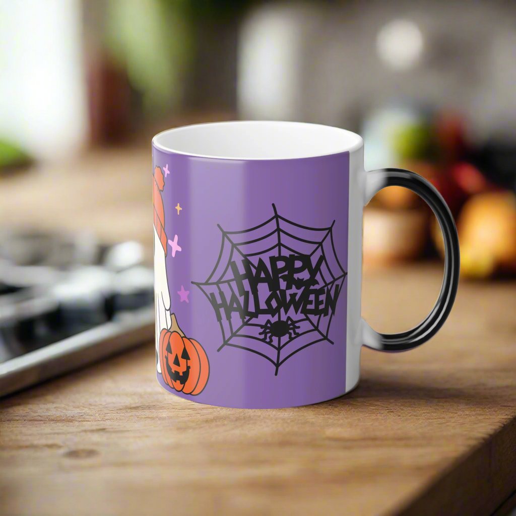 Left side view of Wicked Cute Halloween Boo Magic Morphing Mug highlighting the continuation of the ghost and pumpkin artwork on the purple background.