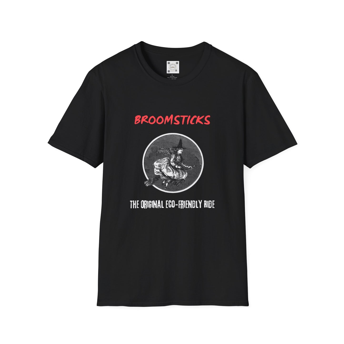 Front view of black 'Broomsticks' t-shirt with vintage witch illustration. Halloween-themed eco-friendly clothing, great for vintage lovers and sustainable fashion enthusiasts.