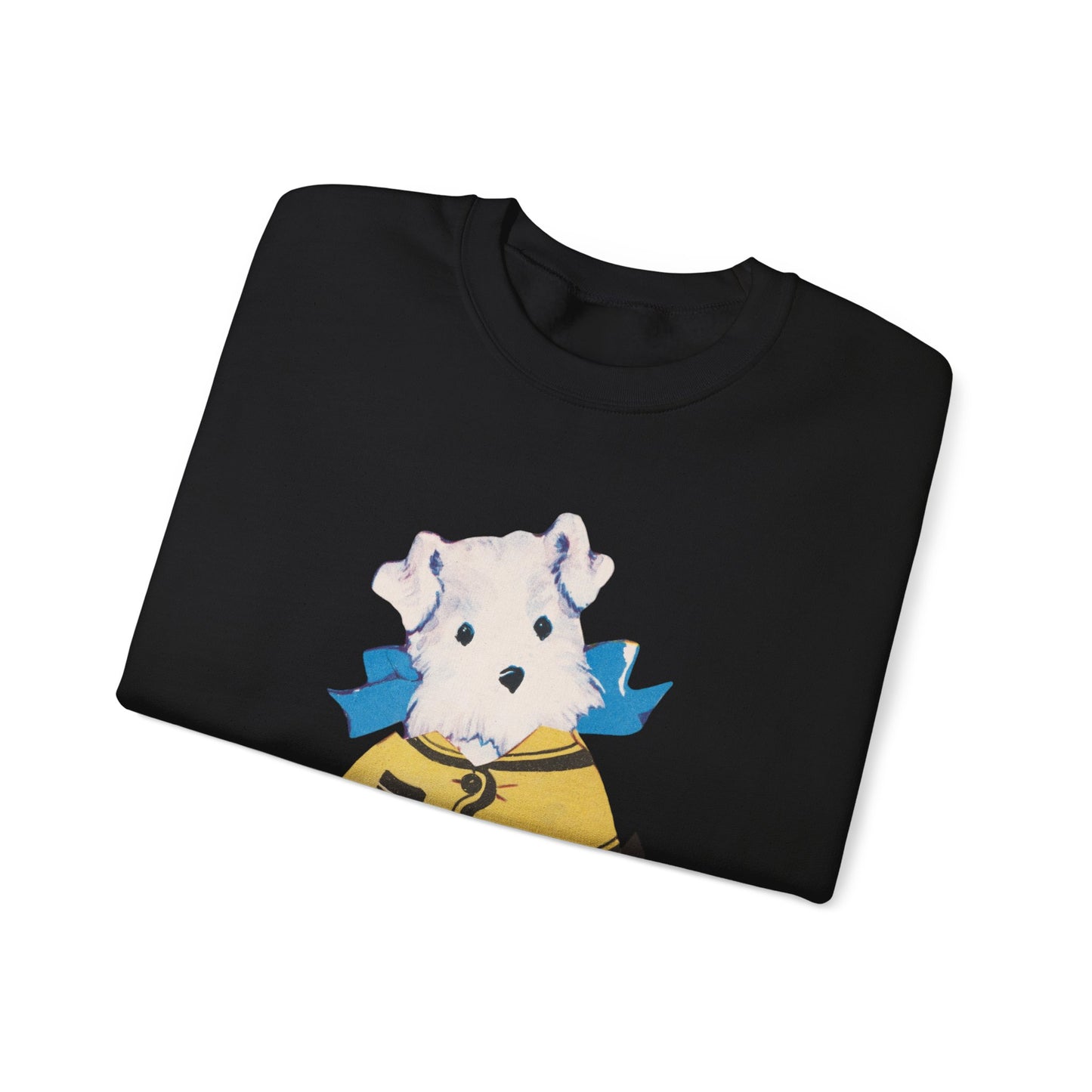 Flat lay of the black sweatshirt, neatly displayed to show the vintage dog design on the front.