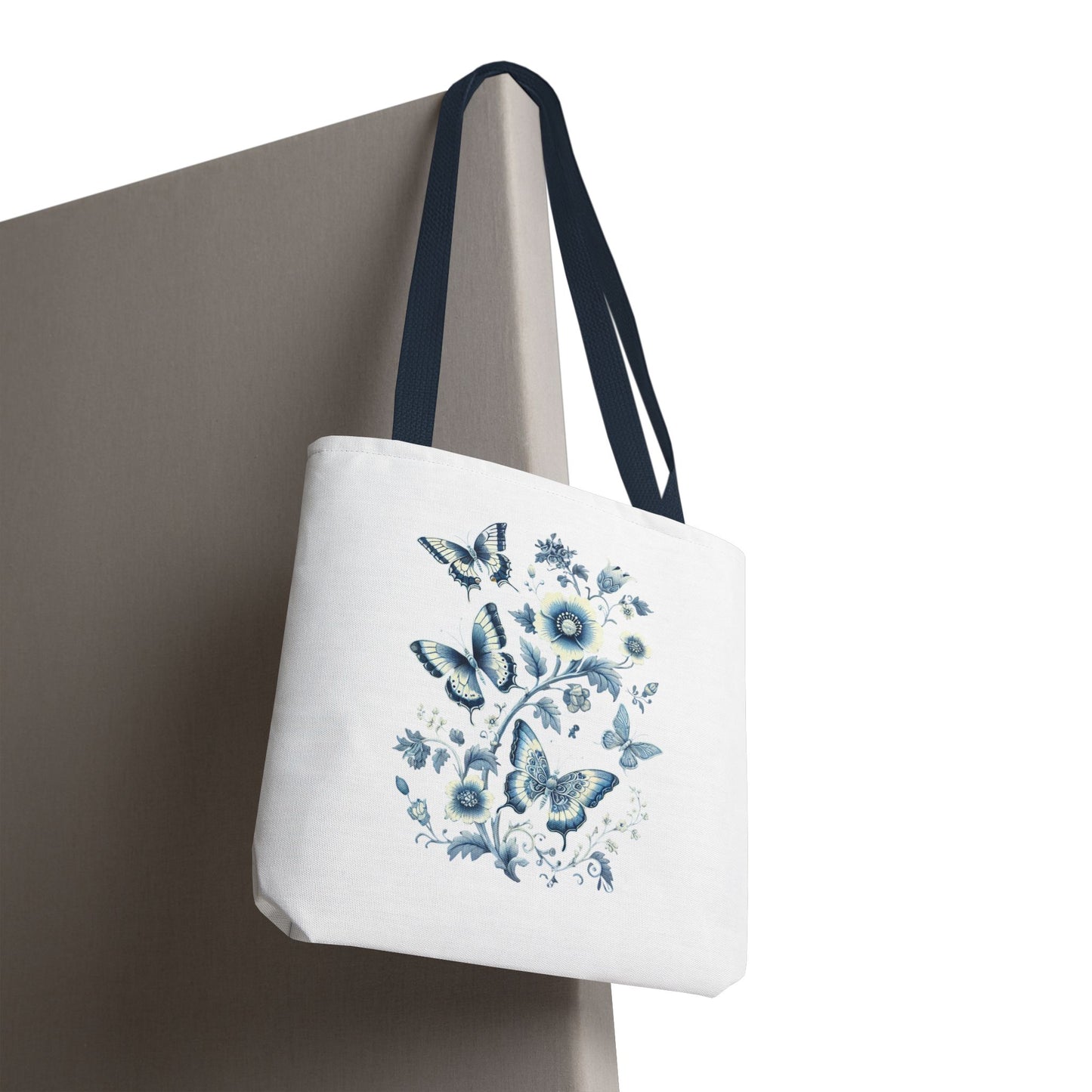 Chinoiserie Butterfly Tote Bag – Elegant Blue & White Floral Tote | Soft Polyester Shopping Bag | Aesthetic Everyday Carry-All