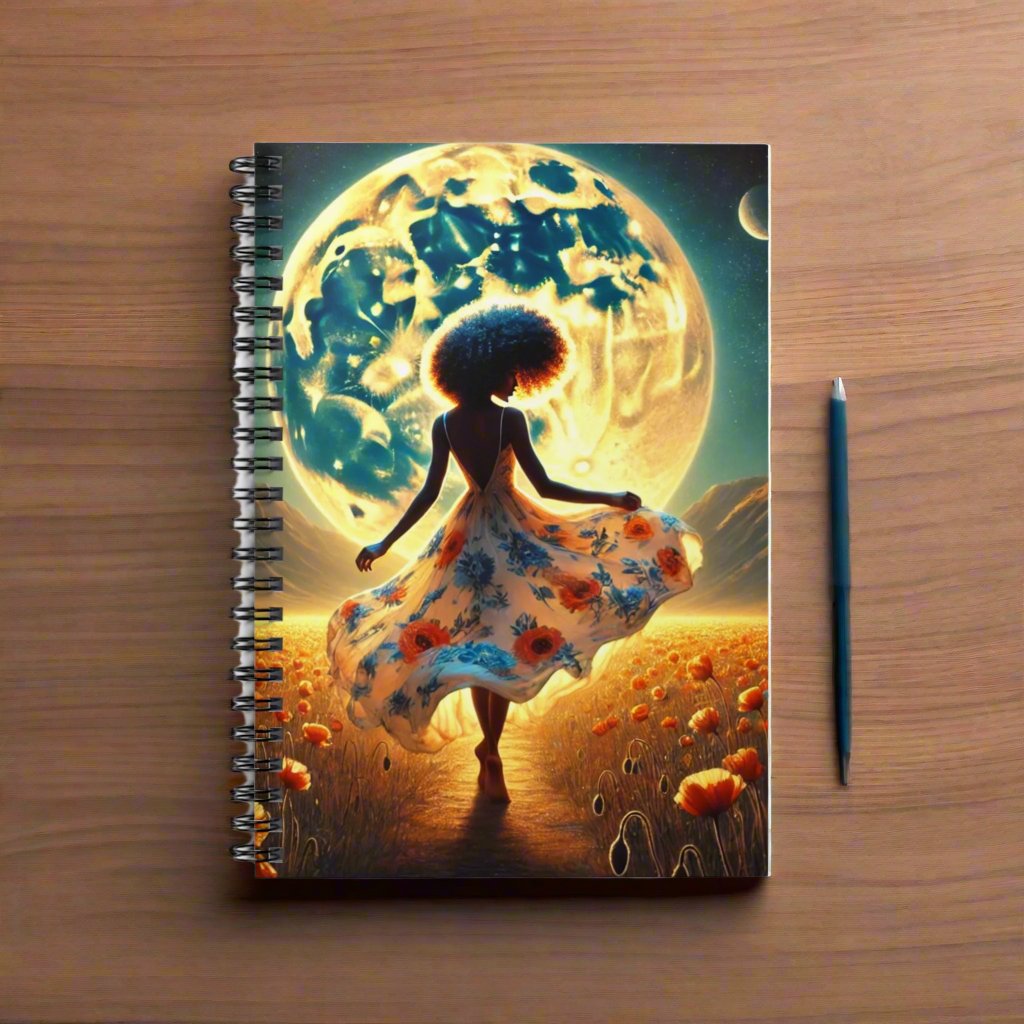 "Moonlit Elegance" Spiral Notebook | Artistic Journal with Floral Dress and Celestial Moon Design | Inspirational Stationery for Writers and Dreamers