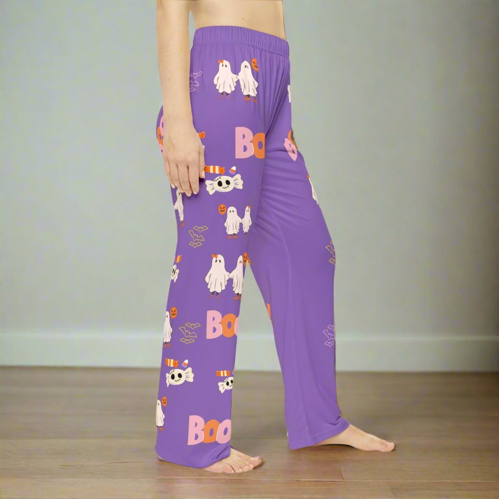 Purple Boo Ghost Women's Pajama Pants featuring a spooky ghost design, perfect for Halloween-themed sleepwear.