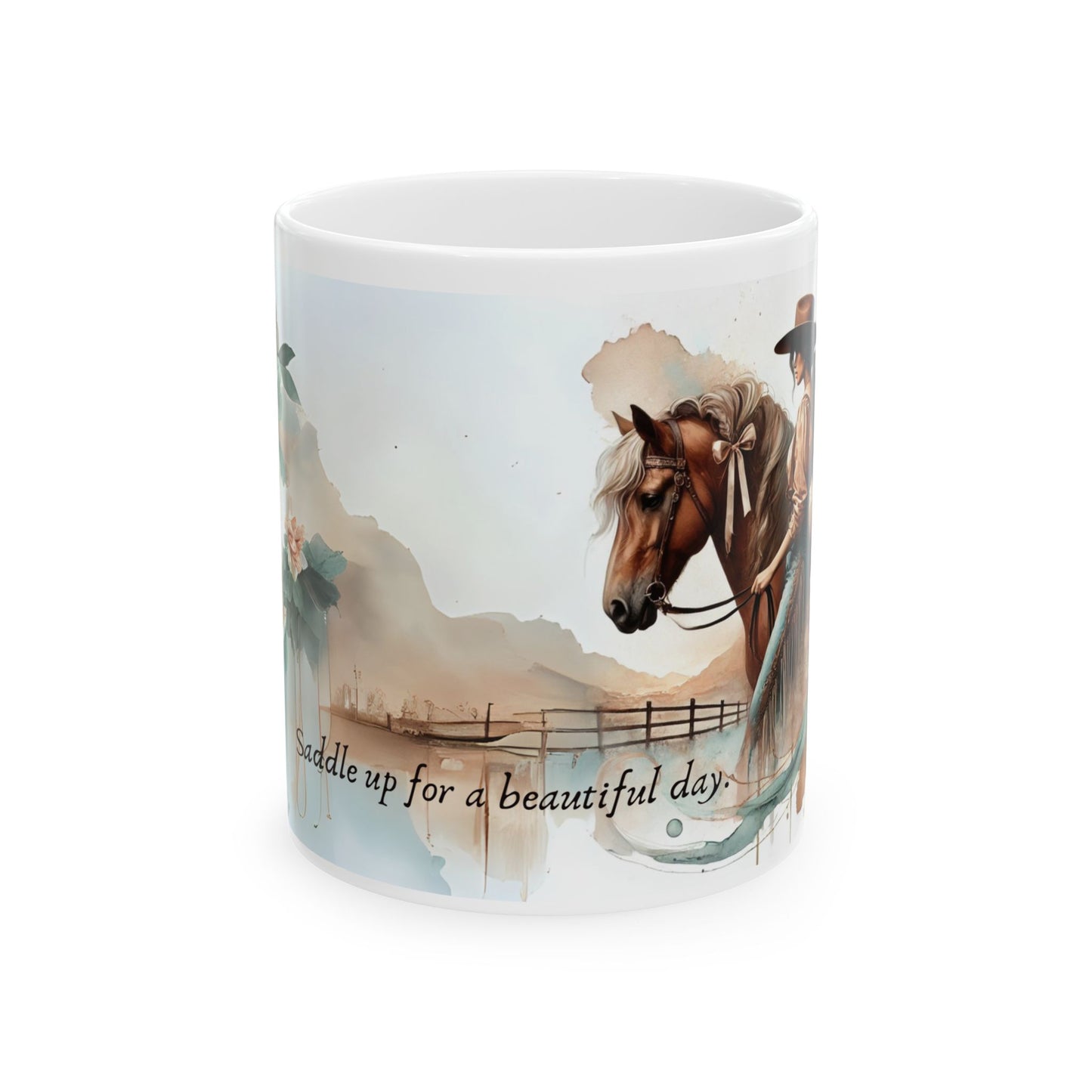 Personalized Western-Themed Coffee Mug | Floral Horsewoman Design | Saddle Up for a Beautiful Day | Custom Name | Available in 11 oz and 15 oz