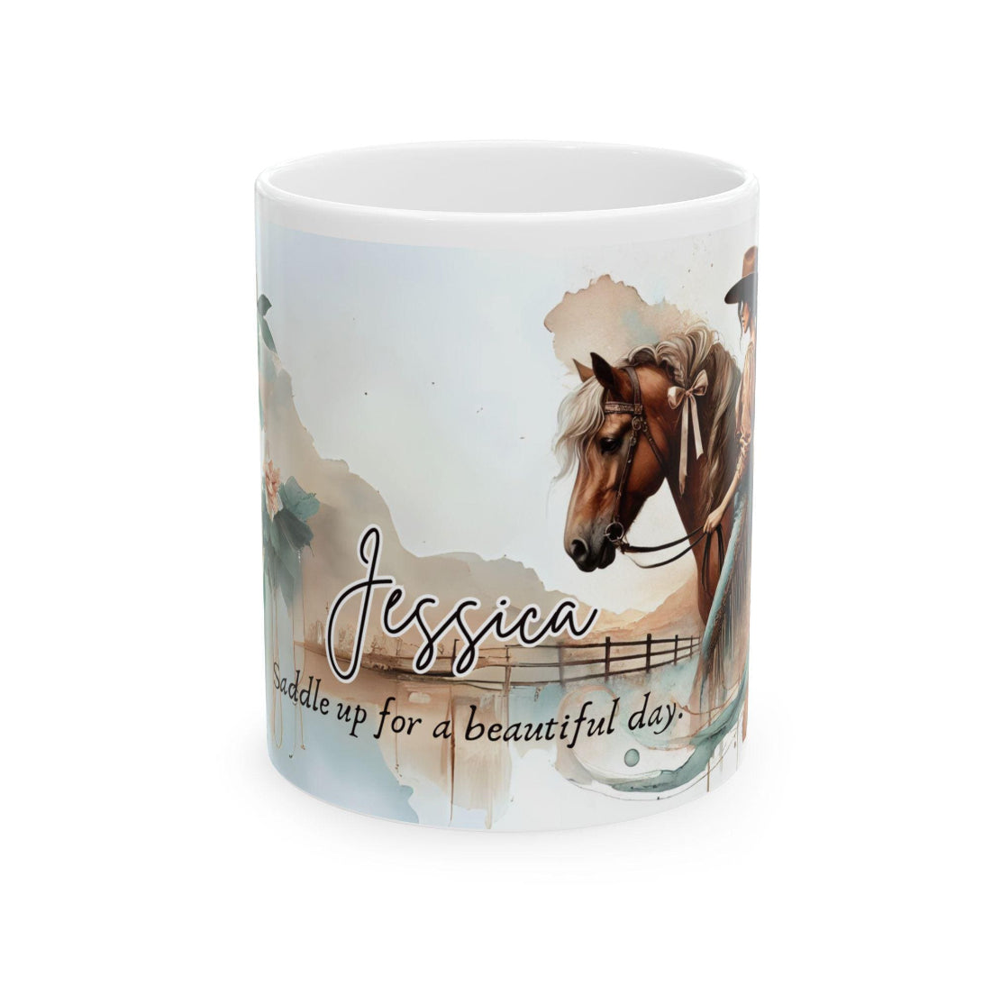 Personalized Western-Themed Coffee Mug | Floral Horsewoman Design | Saddle Up for a Beautiful Day | Custom Name | Available in 11 oz and 15 oz