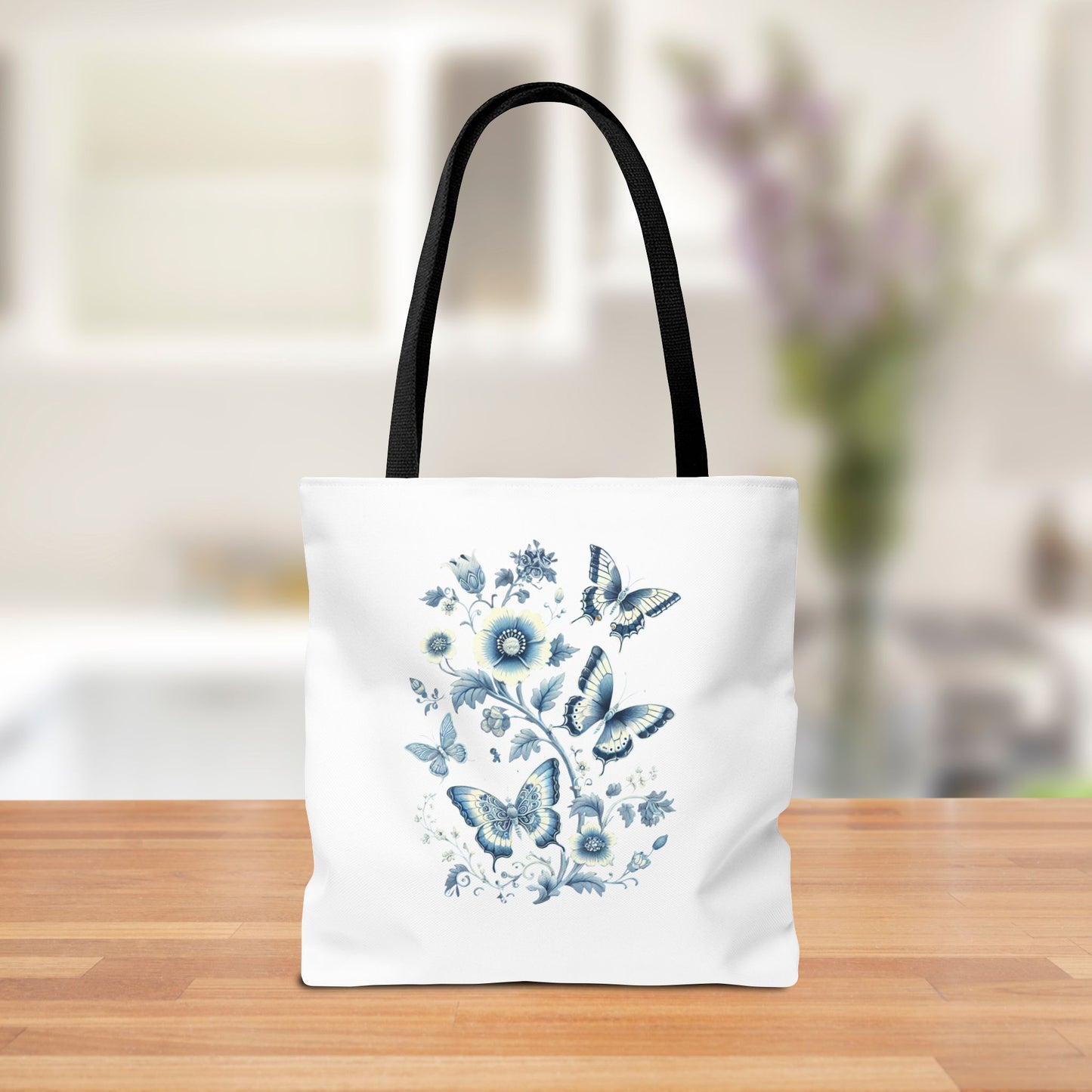 Chinoiserie Butterfly Tote Bag – Elegant Blue & White Floral Tote | Soft Polyester Shopping Bag | Aesthetic Everyday Carry-All