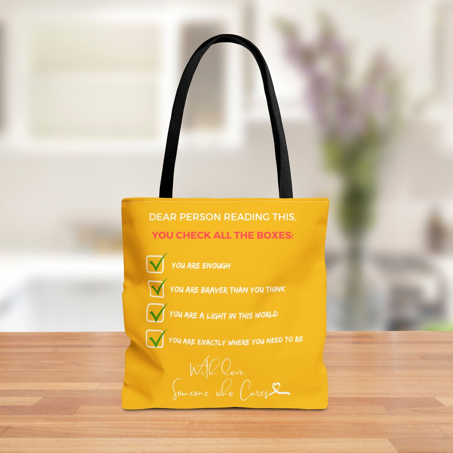 Reversible "Dear Person Reading This" & "Happy Vibes" Motivational Tote Bag | Yellow