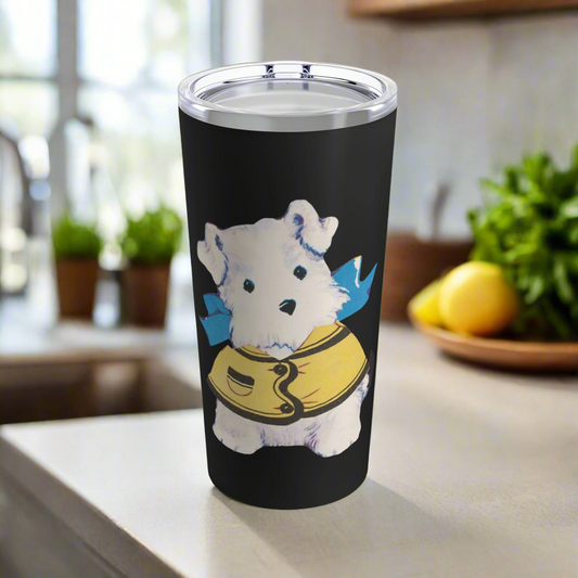 Front view of the Vintage Bitsy Puppy Tumbler, featuring a retro dog illustration on a 20oz stainless steel mug.