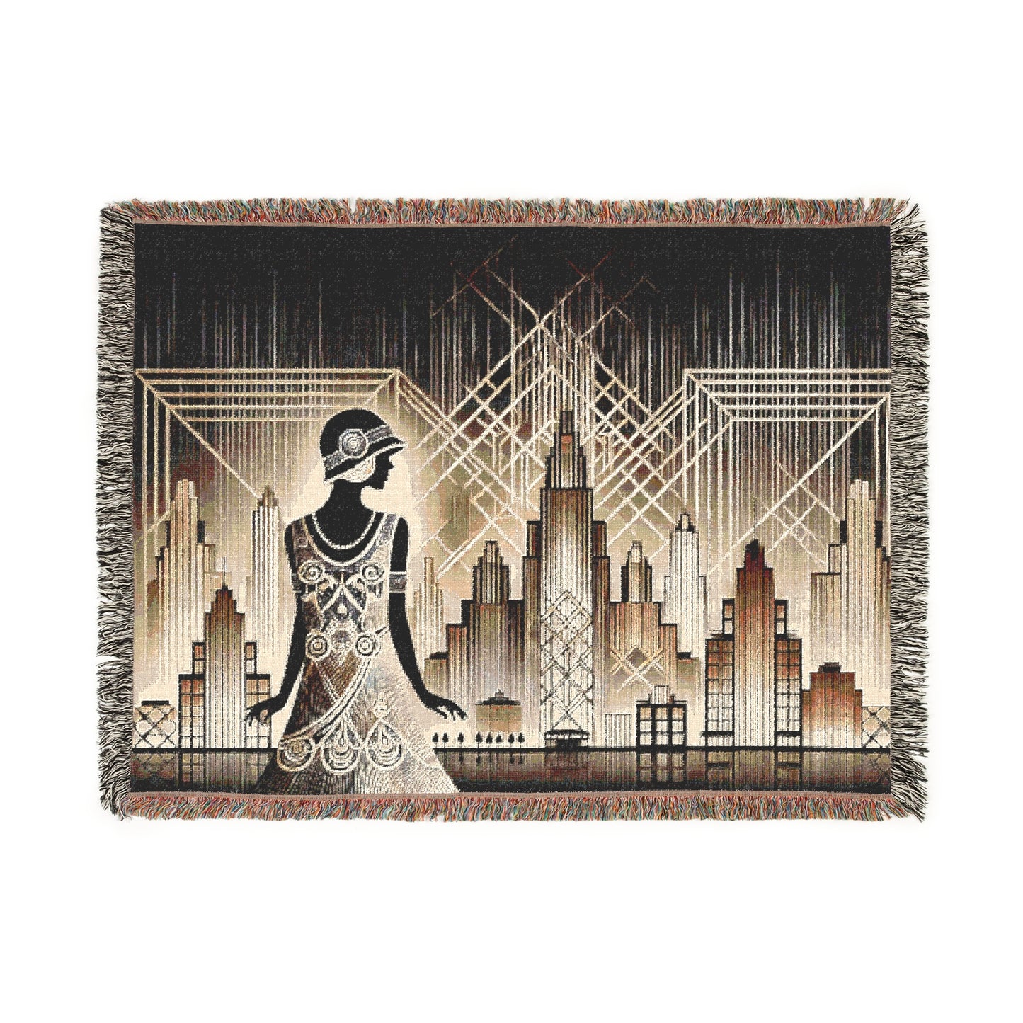 Woven blanket featuring a flapper silhouette against an Art Deco cityscape with geometric designs.